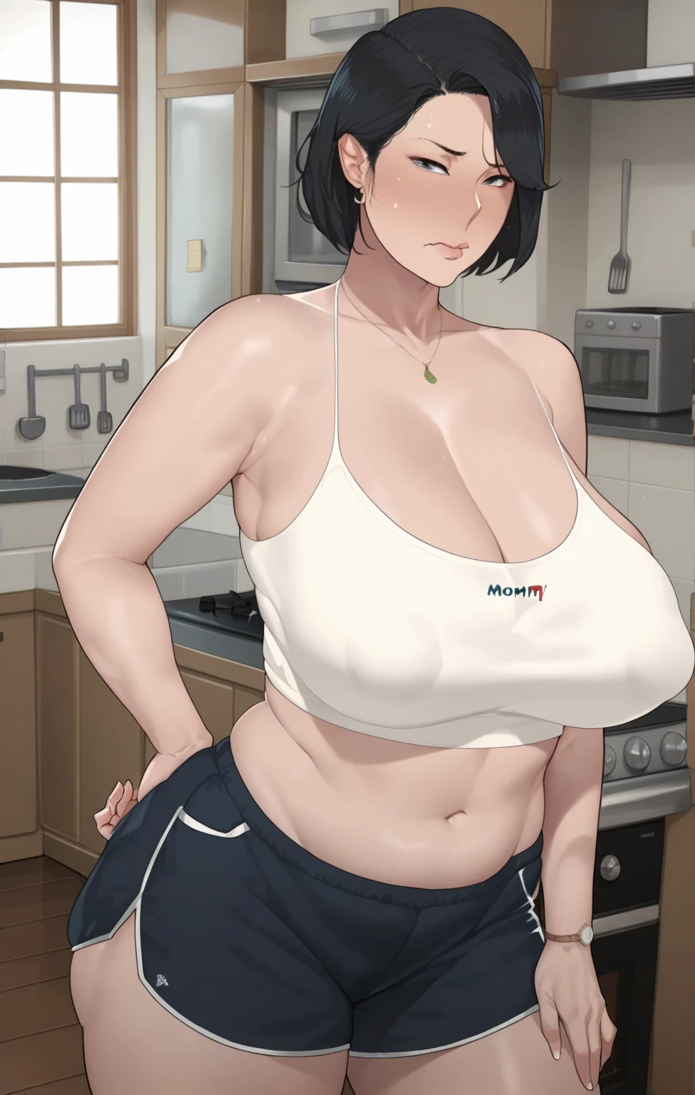 masterpiece, ultra high-quality, extremely detail 8k cg, high resolution, 1girl, kurenai yuhi, black hair, red eyes, thin body, huge breasts, bursting breasts, sleeveless, sports bra, highleg panties, beautiful face, indoors, long shot photo