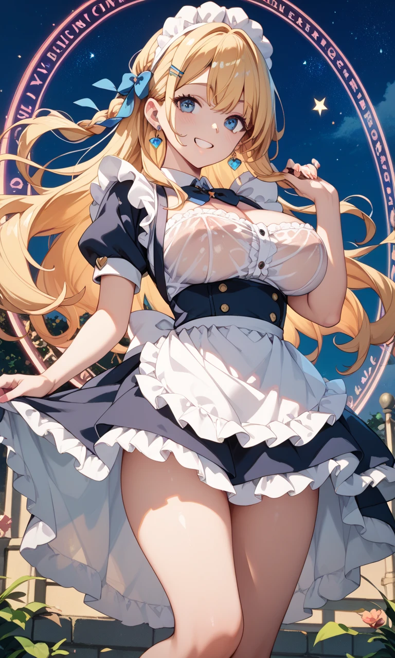 ((masterpiece, Highest quality:1.2, High resolution, Ultra-detailed, 8k)), whole body、1girl,1boy, Bouncing Breast Sex, ((Perfect beautiful girl、14 years old、Alice in Wonderland、Very large breasts、The buttons on her chest are undone, exposing her breasts completely.、Her small pastel pink nipples are visible、Shiny, deep golden, straight long hair that hangs down straight、Very bright and kind expression, Very young and artistic, with beautiful round faces、Large, round eyes、Shiny, clear blue eyes、Very thin eyebrows of delight、A childlike open mouth、 Thigh-high socks with lots of blue and white horizontal stripes、Black Head Ribbon、White frilly apron、Blue ruffled dress)), (1 little boy、9 years old、A boy touches a girl's chest from the side、A good friend、Excited expression、close your eyes、Open your mouth、Small penis),Midday、On the bright lawn、