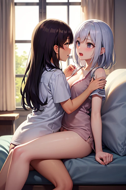 Ultra-high resolution photos、Full body description、Very accurate depiction of the human body、Girl、Lesbian、Japanese students、Embrace each other、bed