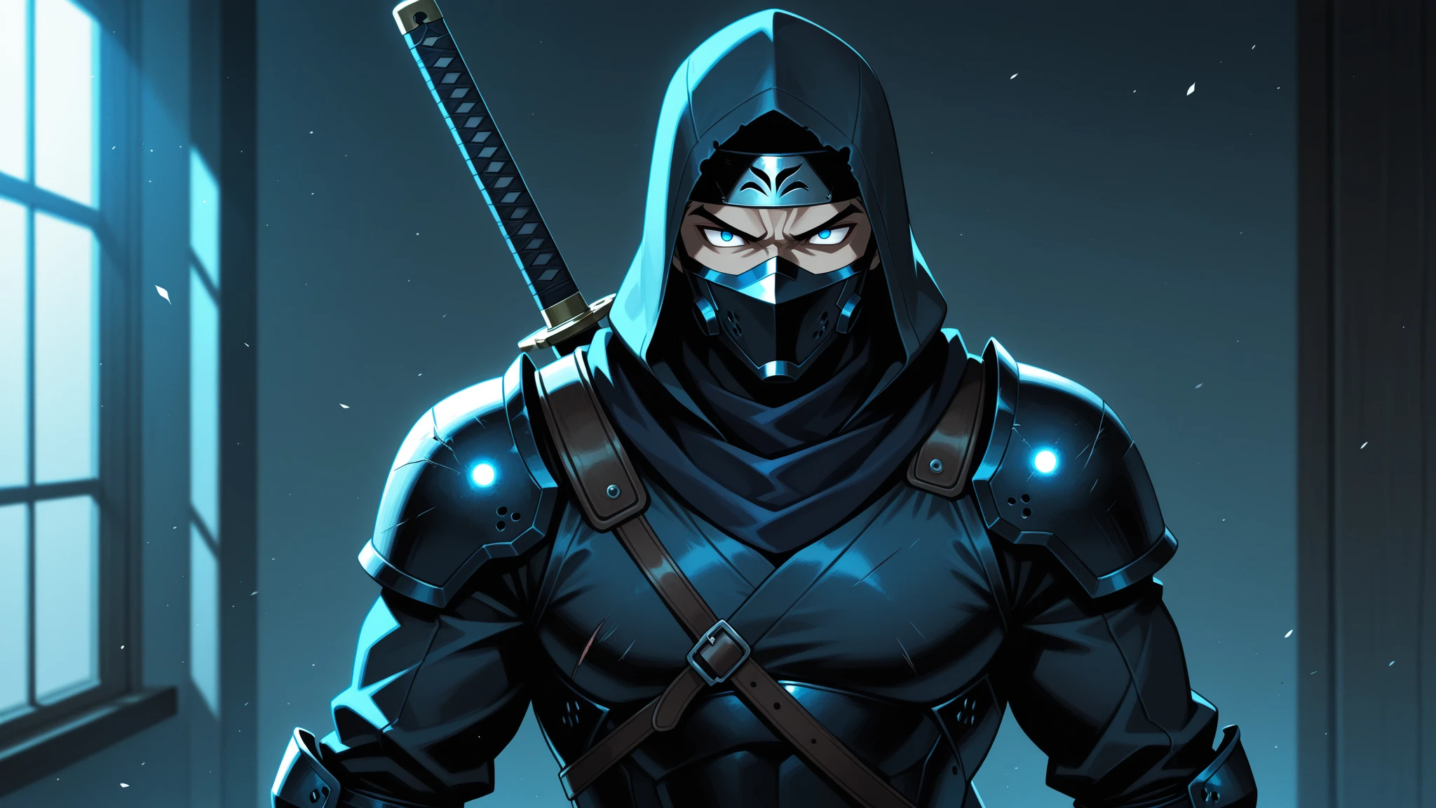 kakashi, 1boy, male focus, ninja, solo, weapon, holding, kunai, ((white Spider-Man suit)), holding weapon, covered mouth, red left eye,