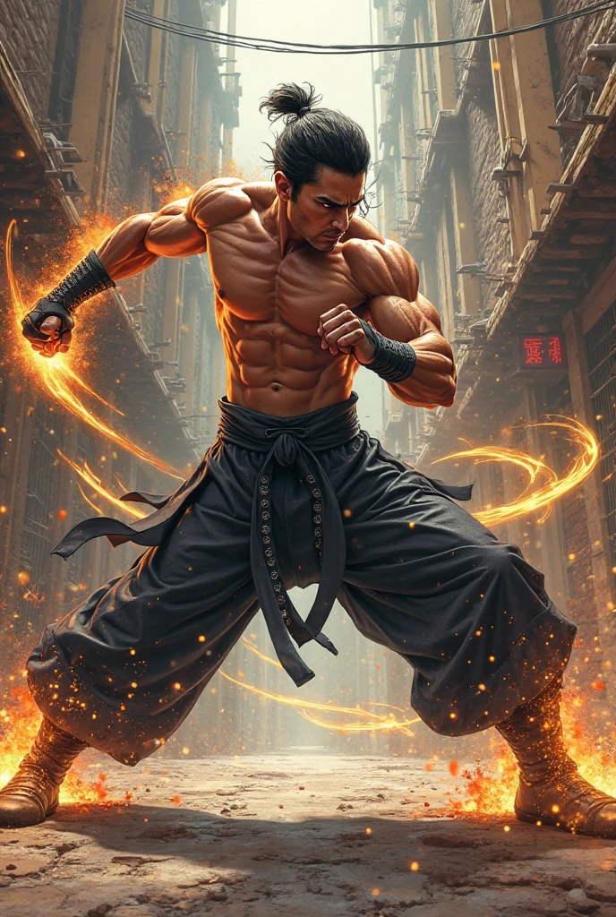 A man of 1,75, black hair, Brazilian and indigenous, good physical build and holding Nunchakos