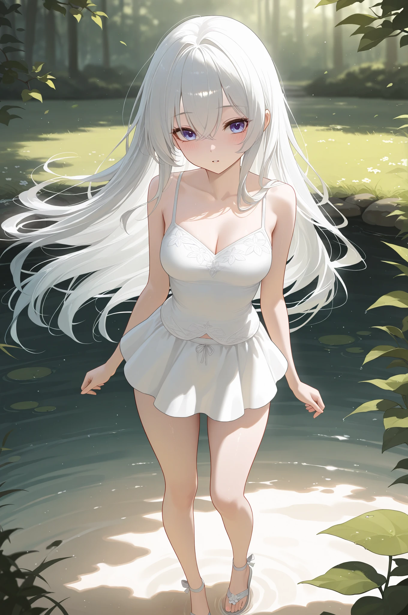 1girl, pale skin, slightly realistic, large eyes, red eyes, lake, lakeside, beautiful eyes, intricate details, white tank top and white panties, sitting on the grass, wet body, wet clothes