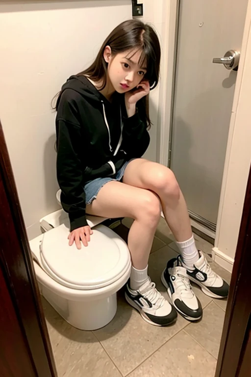 masterpiece,best quality,ultra highres,photography style in toilet,woman is squirting clear urine from her pussy,peeing position,solo,a beautiful 18 year old asian woman hands is holding a phone,from front and half side view,pussy,toilet background,squatting,blonde hair,shoes,phone,leopard print phone,female pubic hair,full body,face visible,skirt pull,sneakers,long sleeves,long hair,leopard print skirt,white footwear,panty pull,boots,jacket,underwear,black panties,looking down,looking at phone,black jacket,indoors,asianbabe,detailed hands and detailed 5 fingers and detailed 5 finger nails