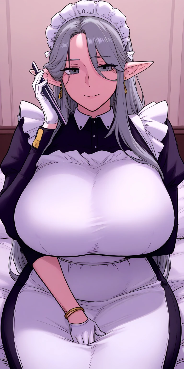((masterpiece, maximum quality, ultra quality, ultra high quality, maximum detail, well defined, 8k)), nsfw, 1 girl, ((detailed eyes)), ((bright pupils, heterochromatic pupils, right blue, left red )), long white hair, white cat ears, ((maid)), ((breasts visible, huge breasts, breasts exposed, nipples visible, topless)), serious expression, thong, looking at viewer, hands behind the back.