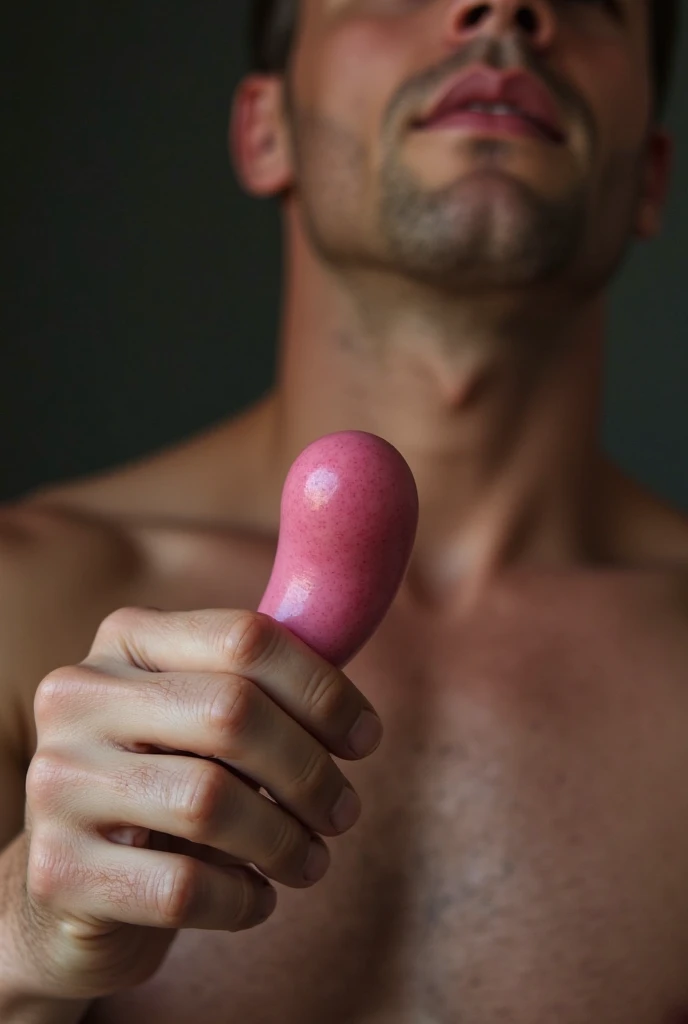 Justin Bieber, naked, putting a eggplant in his but, terrified look on face, squatting over a eggplant