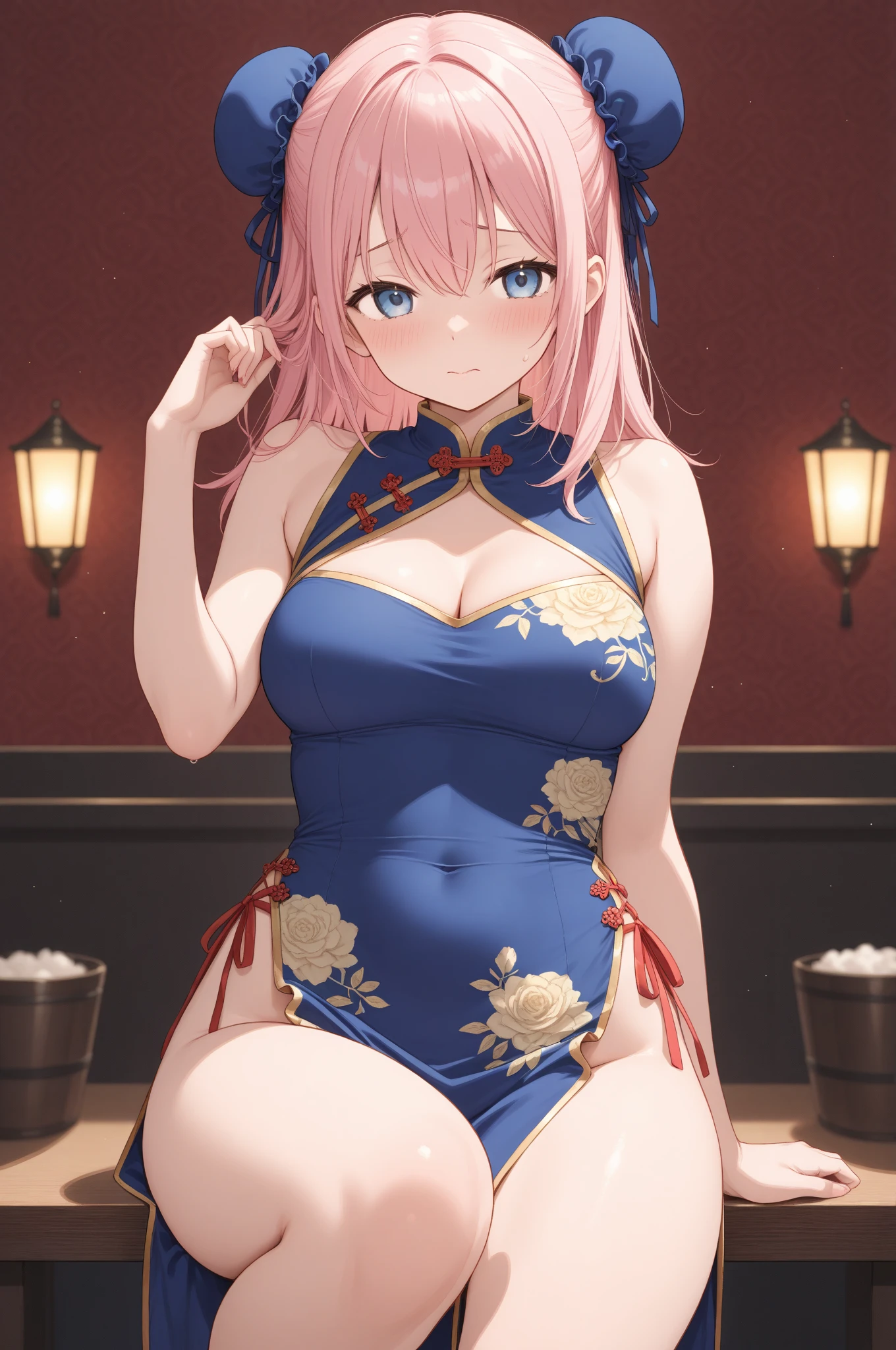 ((masterpiece)), ((best quality)), ((illustration)), ((anime coloring)), ((8k)), nsfw, blue detailed sheer chinese clothes, blue detailed sheer hipster panties, (big pointy breasts), narrow waist, (public hair:1.5), cute, a anime 20s female, ((dark skin:1.3)), red hair, green tale, ponytail, smile, big chiseled buttocks, pov, ((front view)), bedroom, night,