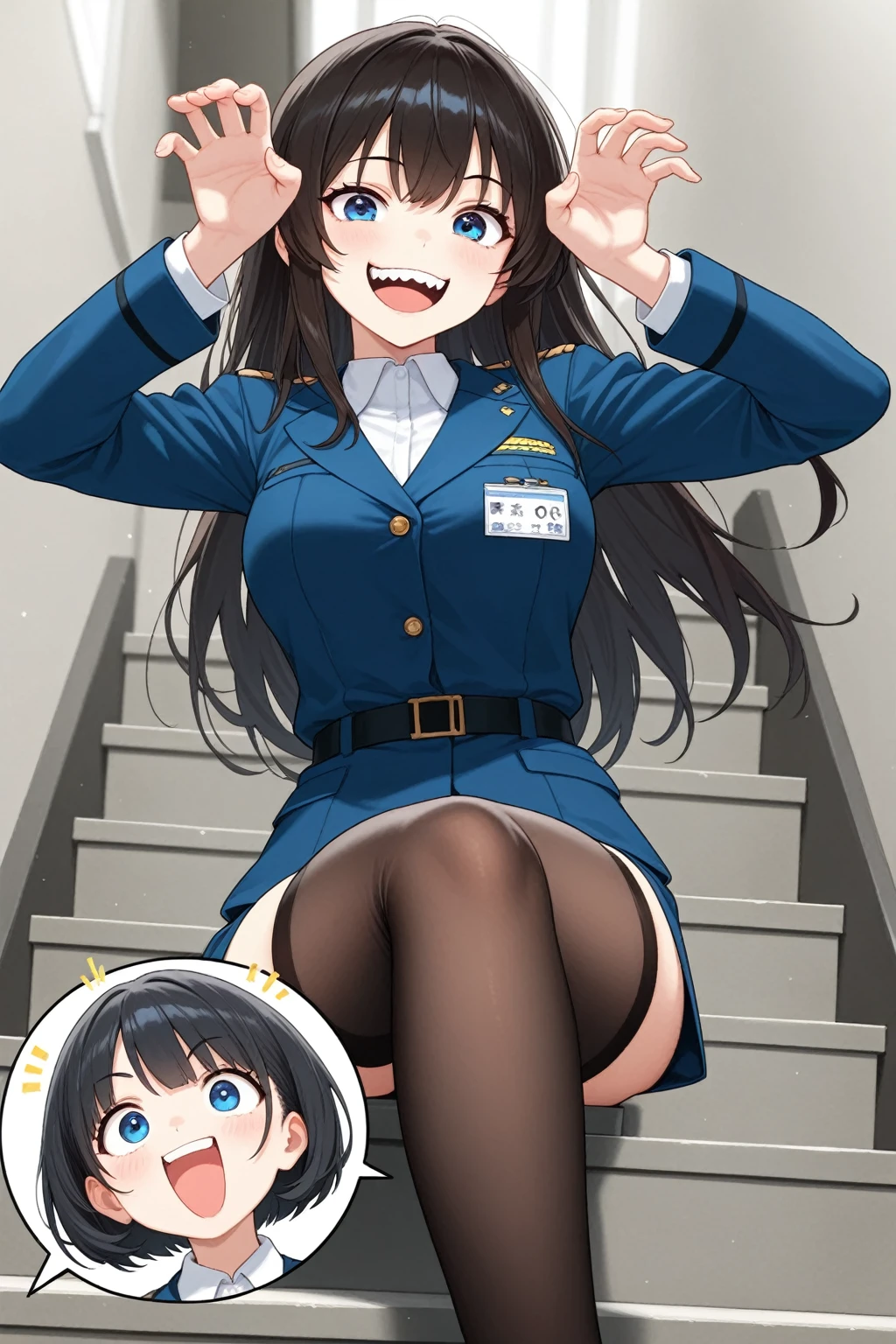 (Perfect body),Best Quality,(8K Portrait),(anime screen cap)、(Police Hat)、((Police Woman)),blush,Sweat,((large udder))、(Dark hair),((bob cuts))、Yellow eyes,(((thick thighs))),((Navy Blue Micro Bikini))、((A smile))、showing teeth、one eye closed、(((Chibi)))、Squatting、From below