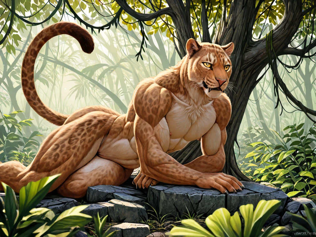 ultra-detailed, masterpiece, masterwork, high quality, best quality, hdr, (nature), nsfw, male, solo, lion, ((nude)), (little body lion), (long silver hair, yellow eyes), sitting, dynamic angle, (foreskin, perfect balls)