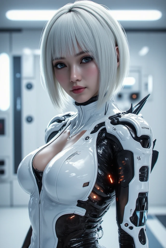 A highly detailed, ultra-realistic, 8K portrait of a cyborg woman with a white porcelain body, gray hair, and shiny skin, (Photorealistic:1.4), raw photo, metal mechanical body, 1 cyborg woman, ((Ultra-Realistic Details)), global illumination, shadowy, octane rendering, super sharp, character edge light, huge, bare skin exposed in cleavage, exquisite decorative details, transparent parts, detailed hydraulic cylinder, compact LED lamp, very intricate details, realistic lighting, purple glowing eyes, looking directly at the camera, neon details, cyberpunk style