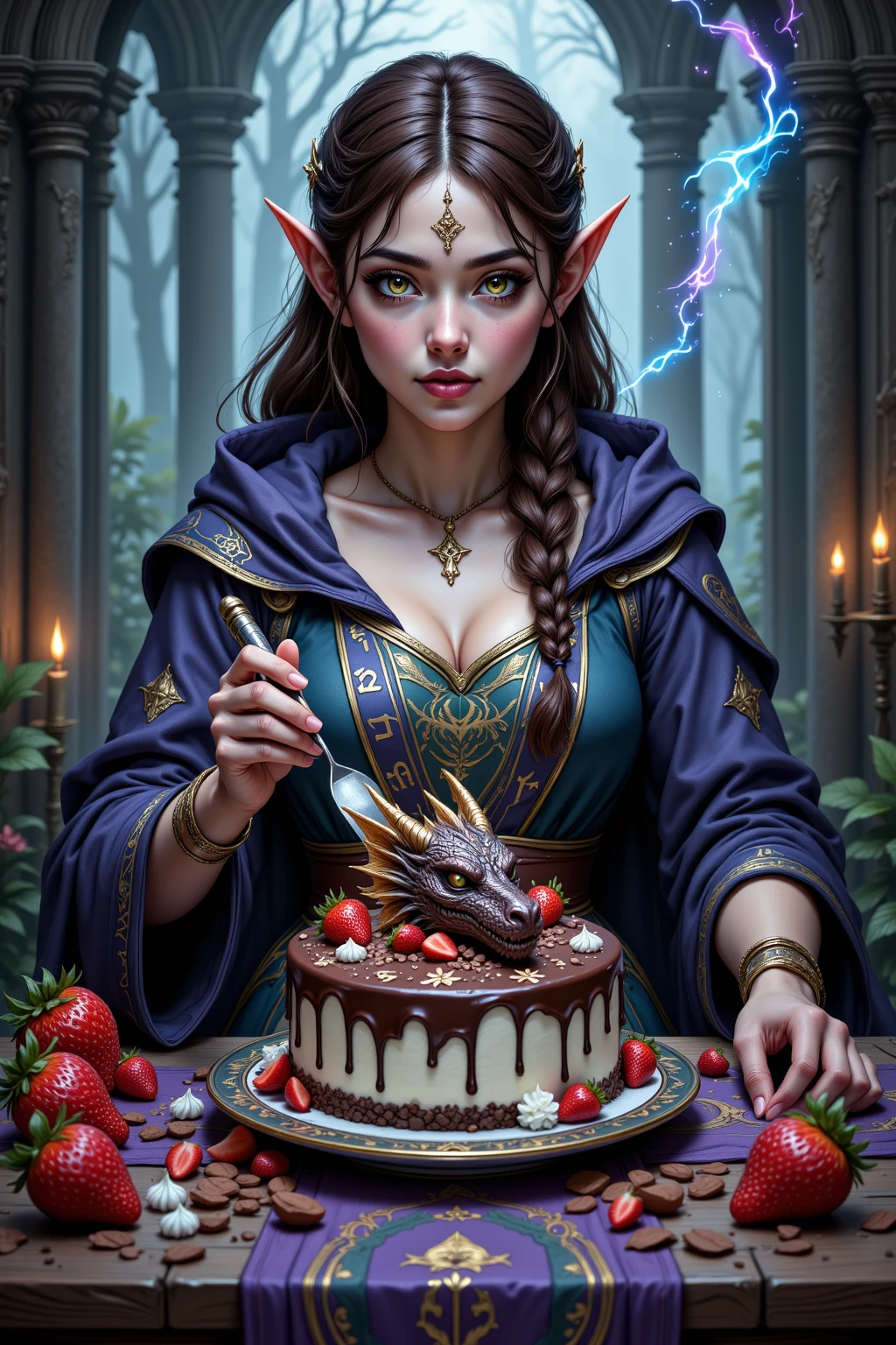 a cute dark elf woman with pitch black skin, violet eyes, silver hair, wearing a spider silk woven gown, holding bloody hands, moving towards a spider altar carrying a bowl of bloody hearts, (best quality,4k,8k,highres,masterpiece:1.2),ultra-detailed,(realistic,photorealistic,photo-realistic:1.37),intricate details, dark fantasy, dramatic lighting, moody atmosphere, gothic, cinematic, dramatic pose