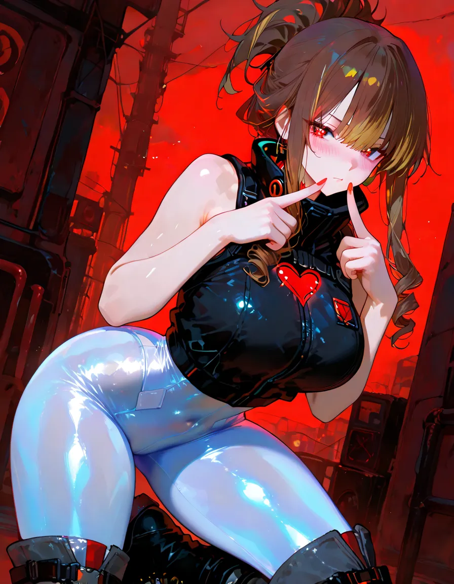 (overhead view),dynamic angle,very detailed, illustration, enlargement, upright, 1 woman, 
 ((Sour Asuka Langley, interface headset, red latex miniskirt:1.4, blonde)),Her eyes shone like dreamy stars,(shining eyes:1.233),(beautiful and delicate eyes:1.1),(expressionless,closed mouth),(standing), 
(night:1.2),dreamy, [[delicate fingers and hands:0.55]::0.85],(detail fingers), pussy, exposed breasts, nipple, 발겨된 nipple, erect pussy, 