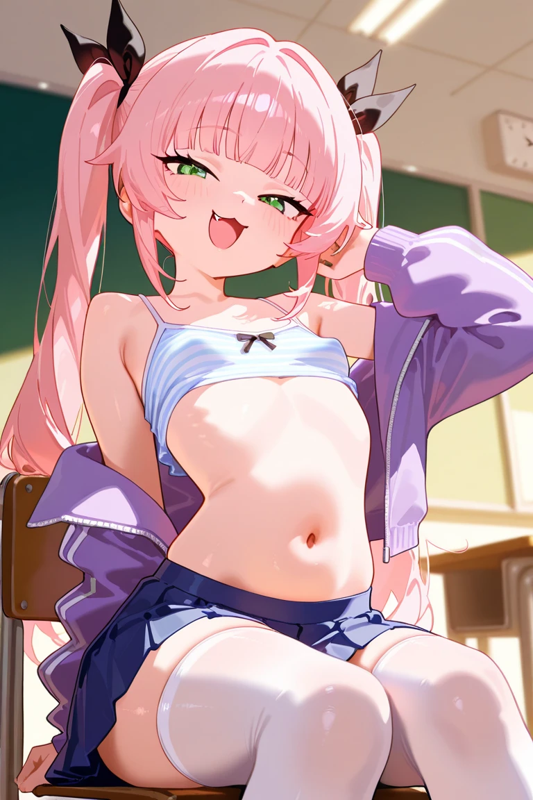 one girl、long twin tails、(pink hair:1.1)、pink eyes,normal breasts,cute face、cute anime illustration、Tsundere、clear eyes、nice、Black hair fastening、,School uniform、of joy、School、double teeth、blush all over the face、(Take off your clothes:1.3),pink good、pink underwear、NSFW、(vapor:1.2),(Sweat:1.3)、girl sitting