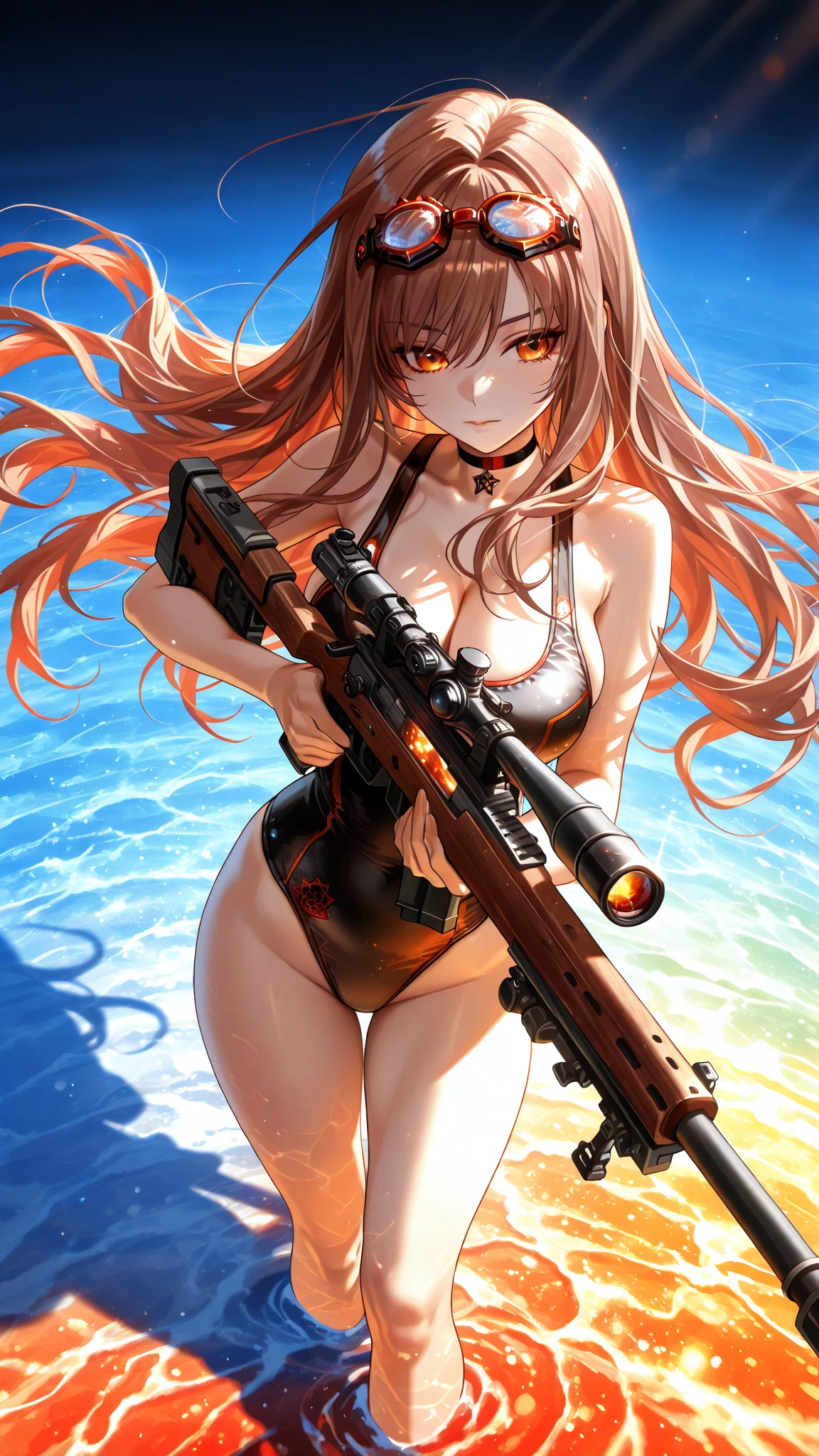 masterpiece, best quality, ultra-detailed, illustration, colorful, flat color, depth of field, lens flare, 1girl, katarina \(league of legends\), redhead, green eyes, messy hair, cat ears, anime, (closeup), detailed skin texture, beautiful detailed face, ((micro bikini)), seductive smile, alluring attire, collarbone, (huge breasts, torpedo tits), fit, whisker marks, face scar