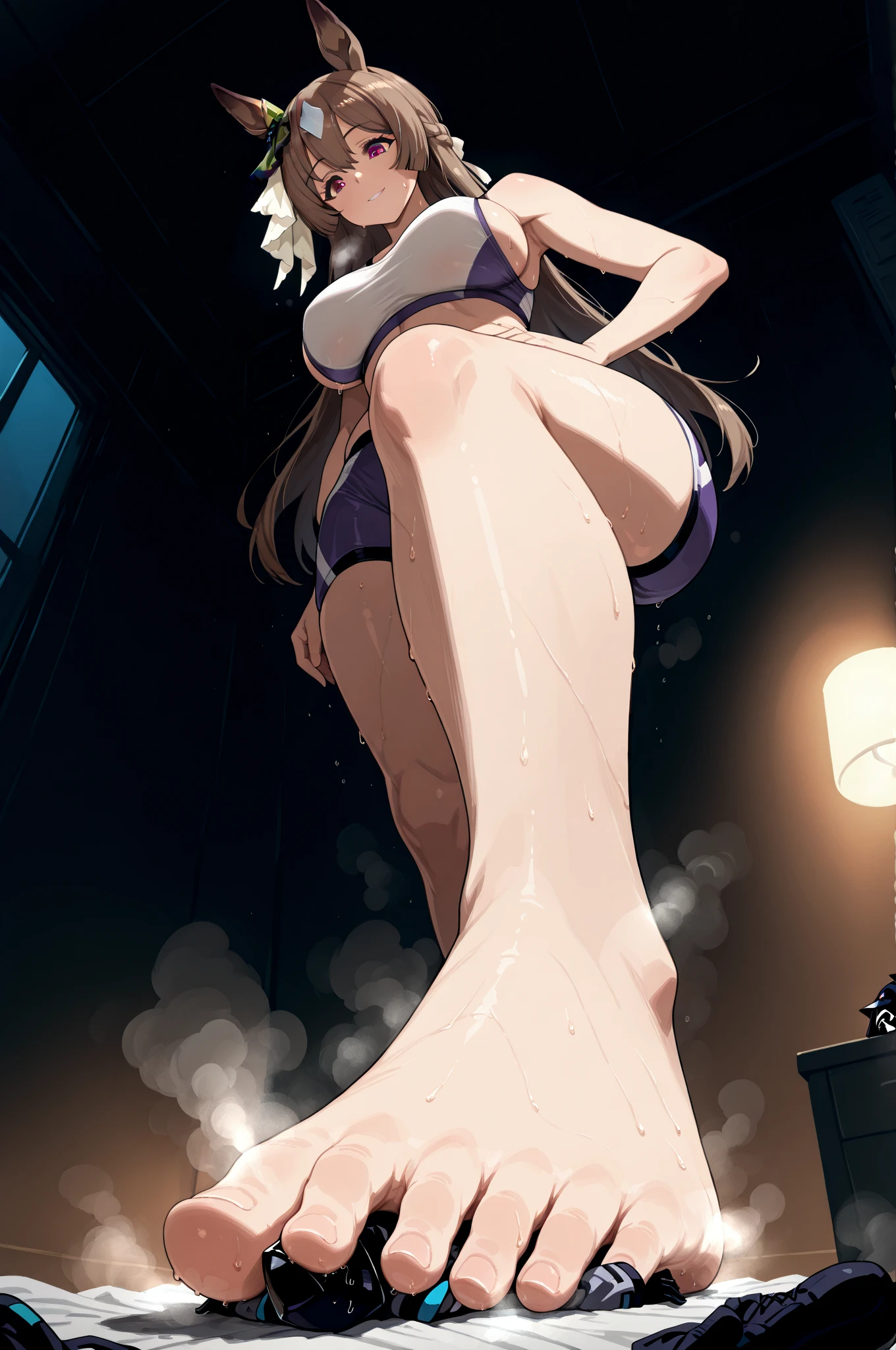 best quality,masterpiece, 1-Girl, ((from below:1.3)), smile, posing,Big-chest,slim, bare legs, showing legs and feet, sexy pose, and cute, feet ((NSFW)). 8k, beautiful eyes, beautiful body, ((Good anatomy)), young girl, black hair with blue strands, blue eyes, small ponytail, full body, beautiful body, Highly detailed, bangs, short hair, big breasts, barefoot and bare legs, looking_at_viewer, sexually suggestive, sexy pose, ((fully nude)), ((soles, ankles, thighs)), sitting in crawling position, ((shy teeth smile)), very sexy girl, hot girl