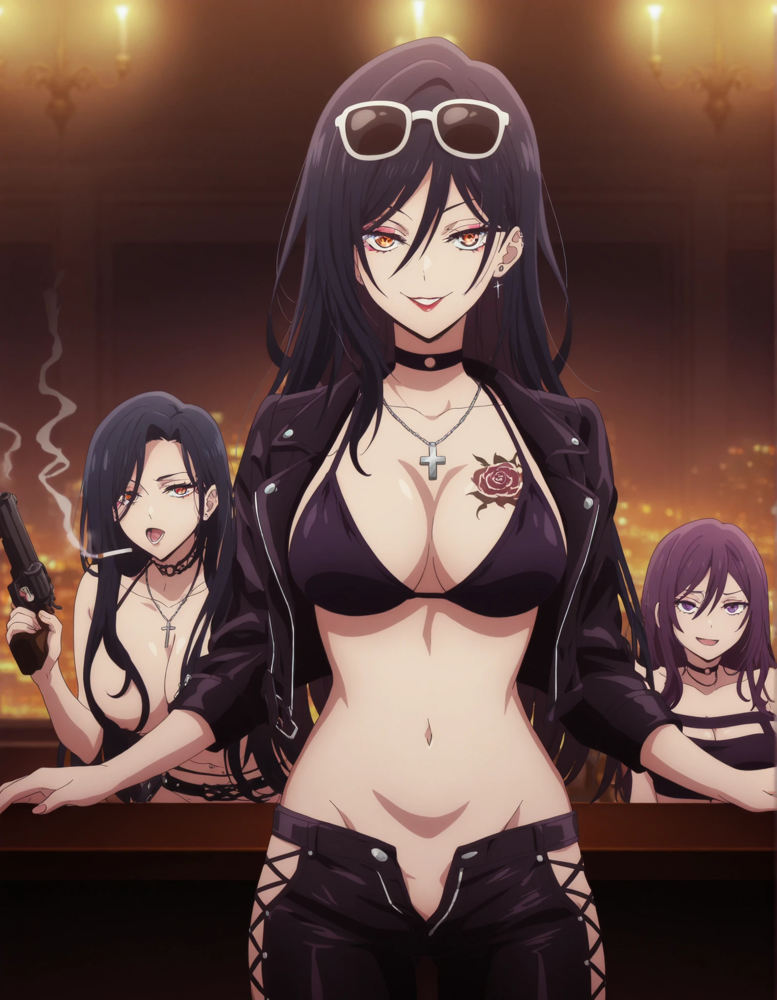 anime screencap, anime screenshot,  eyeliner,, 2girl, two girls, , long hair, [[[tattoo]]], earrings, breast tattoo, waist tattoo, girls, black hair, , purple hair,,, makeup, parted lips, smoking, purple hair, choker, high quality, best quality, great quality, long hair, arm tattoo, eyeshadow, , seductive smile, naughty face, , ear piercing, long hair, lipstick,Hot girl, baddie, smoking, bad attitude, mean girl, sensual, attractive, ,cross necklace, choker, bar background, inside bar,indoors, cityscape, casino, nightclub, city lights, masterpiece, best quality, highly detailed, a girls with a gun, evil smile , open mouth, sexy gaze, badass pose , evil smile, smile, (nsfw) not safe for work, guns blazing, anime girl with long hair, beautiful long haired girl, navel, evil expression, exposed belly, exposed navel, exposed midriff, exposed lower belly, long black pants, cleavage, unbuttoned leather pants ,open fly, low rise black leather pants, leather jacket, holding a gun, holding pistol ,, pull_down leather pants,(show off panties,:1.2, no panties), pull_down long black pants, pull_down black leather pants, zip up leather jacket,bikini top, cross-laced slit,,, shoulder holster,, , sunglasses on head,  , medium breast ,looking at viewer , dragon tattoo on waist,, tattoo on waist, anipai_style , anime screencap , anime coloring, v-shape eyebrows,