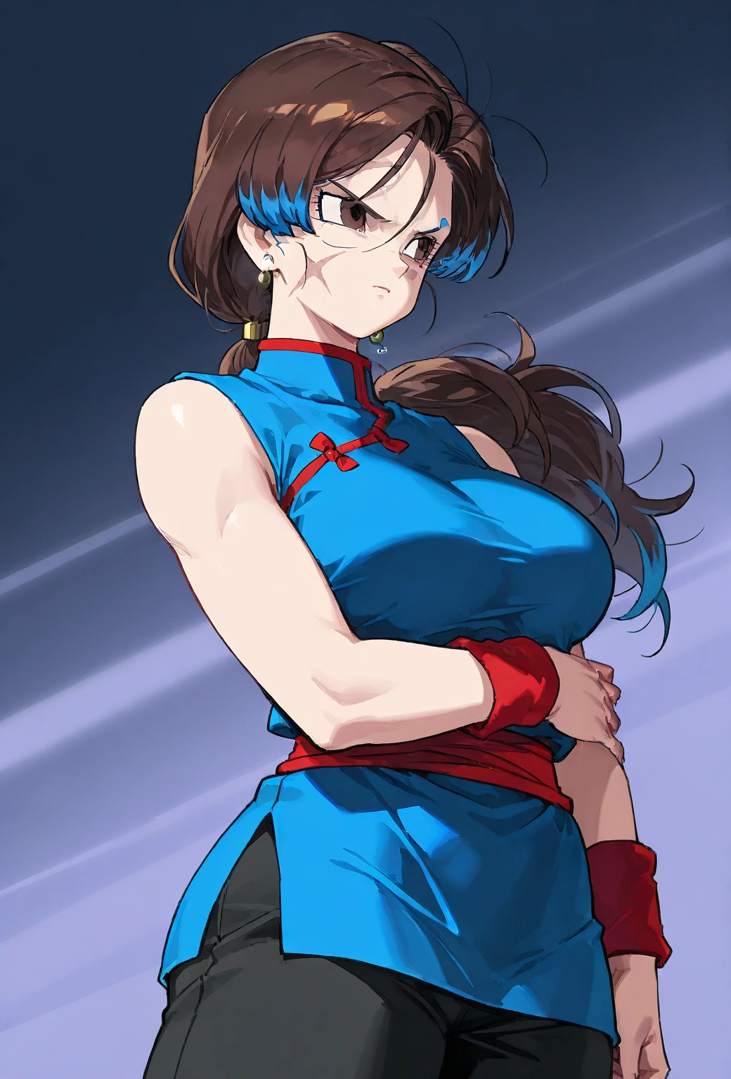 score_9, score_8_up, score_7_up, source_anime, dragonballchichi, chi chi, black eyes, black hair, long hair, hime cut, blunt bangs, sidelocks, bare arms, blue dress, china dress, chinese clothes, dress, high collar, obi, pants, ponytail, red pants, red sash, red wristband, sash, side slit, sleeveless, sleeveless dress, wristband, indoors, dojo, looking at viewer, dutch angle, cowboy shot, huge ass, huge thighs, huge breasts, body with huge hips, butt focus, clevage,