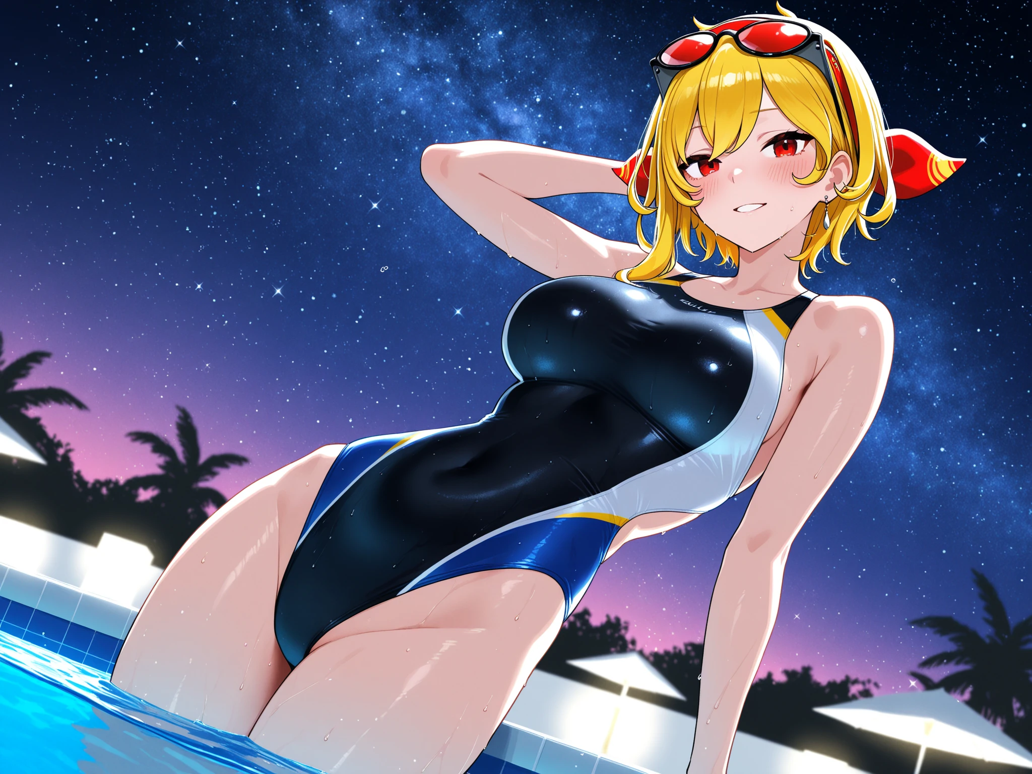 ((Masterpiece)), ((Best Quality)), (Detailed face:1.2), (Detailed eyes:1.2), (Detailed pupils:1.2), (Agile figure:1.2), (Back shot:1.3), Ultra High Resolution, HDR, absurderes, 8K, (1 girl), intricate details, ultra-detailed, dramatic lighting, solo, 1girl, 22 years old, short blonde hair, blue eyes, shiny red leotard, she's a gymnast, gorgeous girl, gorgeous body, calm smile, stretching, arched back, dynamic pose, daytime ambiance, lens flare, expressive eyes, lively atmosphere, joyful expression, impeccable makeup, glossy lips, twinkling eyes, sunlit scene, whimsical feeling, standing,
