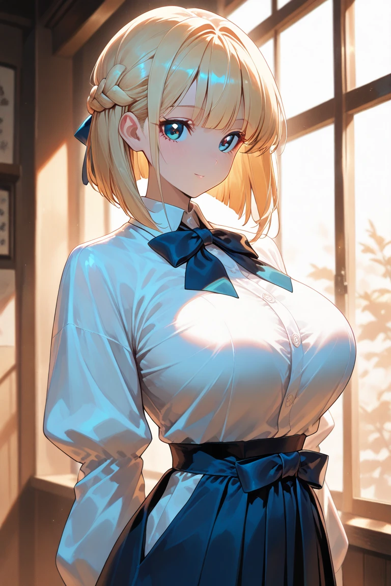 1girl, solo, masterpiece, best quality, detailed, narrow waist, wide hips, huge breasts, huge ass, saber (fate), blonde_hair, smug, score_9, score_8_up, score_7_up, pleated skirt, white shirt, tight shirt, thighhighs, button gap