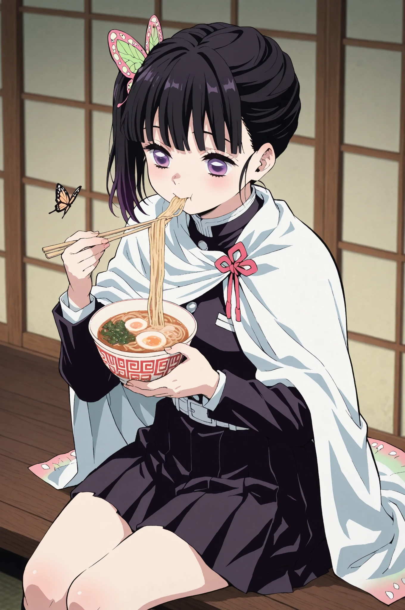 black skirt, cape, demon slayer uniform, long sleeves, pleated skirt, skirt, white cape,,kanao tsuyuri, black hair, butterfly, butterfly hair ornament, purple eyes, side ponytail, ponytail,,kanao tsuyuri,Eating ramen