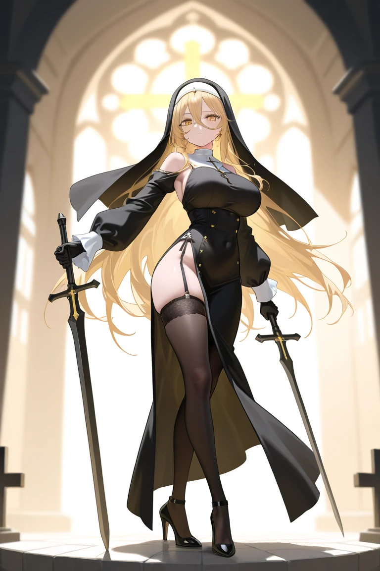 Blonde Anime woman happy on a beach, dresed like a nun, revealing clothing
