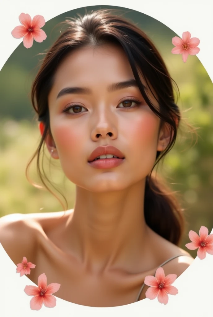 Fashion model 20 years old [[[[closeup cleavage]]]], [[[[boobgasm]]]], [[[[coll]]]], [[[[bshoulders]]]], perfect  eyes, Perfect iris，Perfect lips，perfect teeth，Perfect skin，with fair skin，Long face，slender nose，Soft front light，hdr，Movie girl，Casual，The background is outdoor，Flowers and greenery，（pastel colour：1.2）