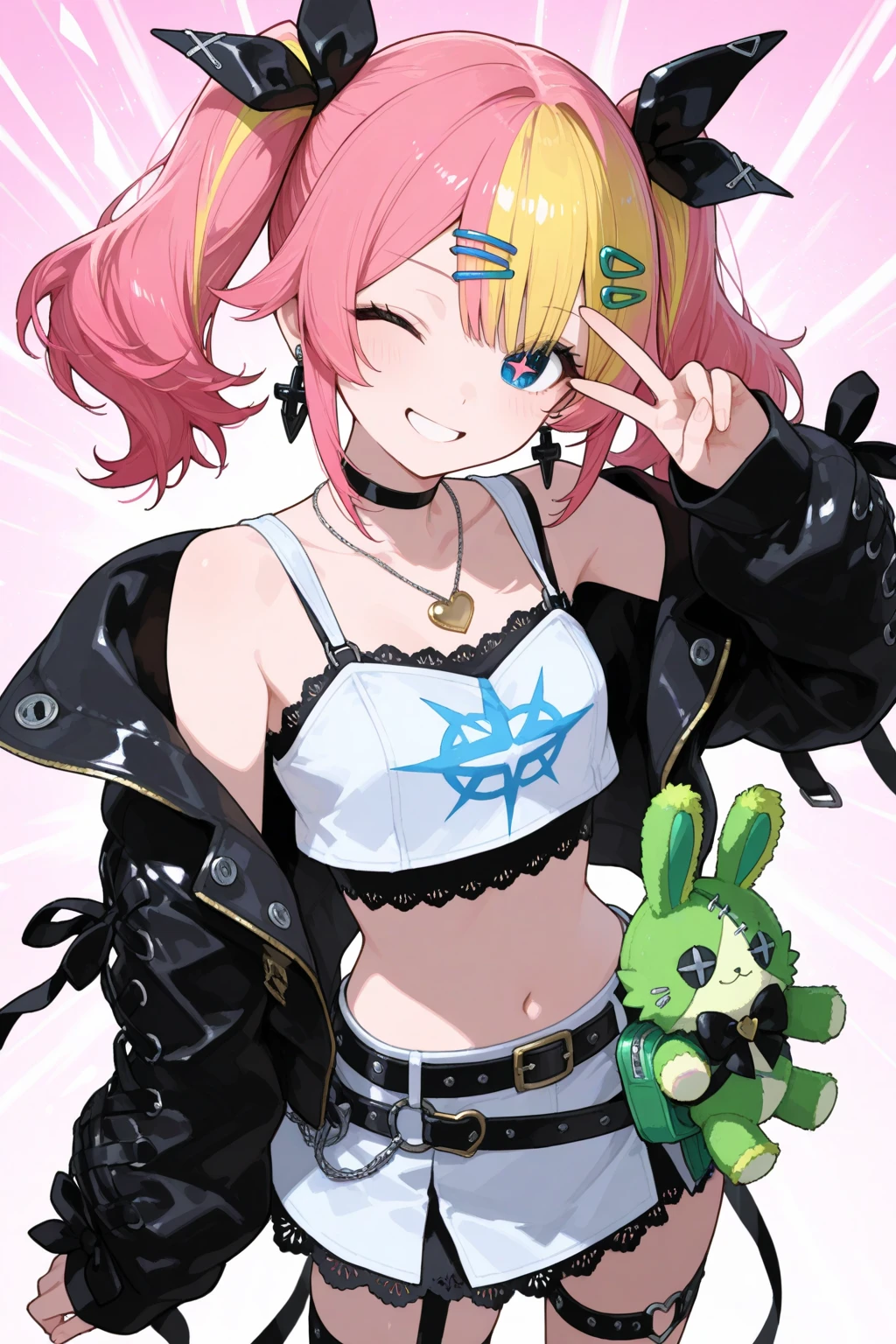 solo,(looking at viewer:1.2),((leaning foward:1.3)), wariza,close up cute face,multicolor curly sideup hair, (tsurime), big forehead, eyelash, punk lady clothing, offshoulder, black camisole, pink miniskirt, fishnet stockings, punk rock image, Sing a song、(diva),(I am the star)、grin