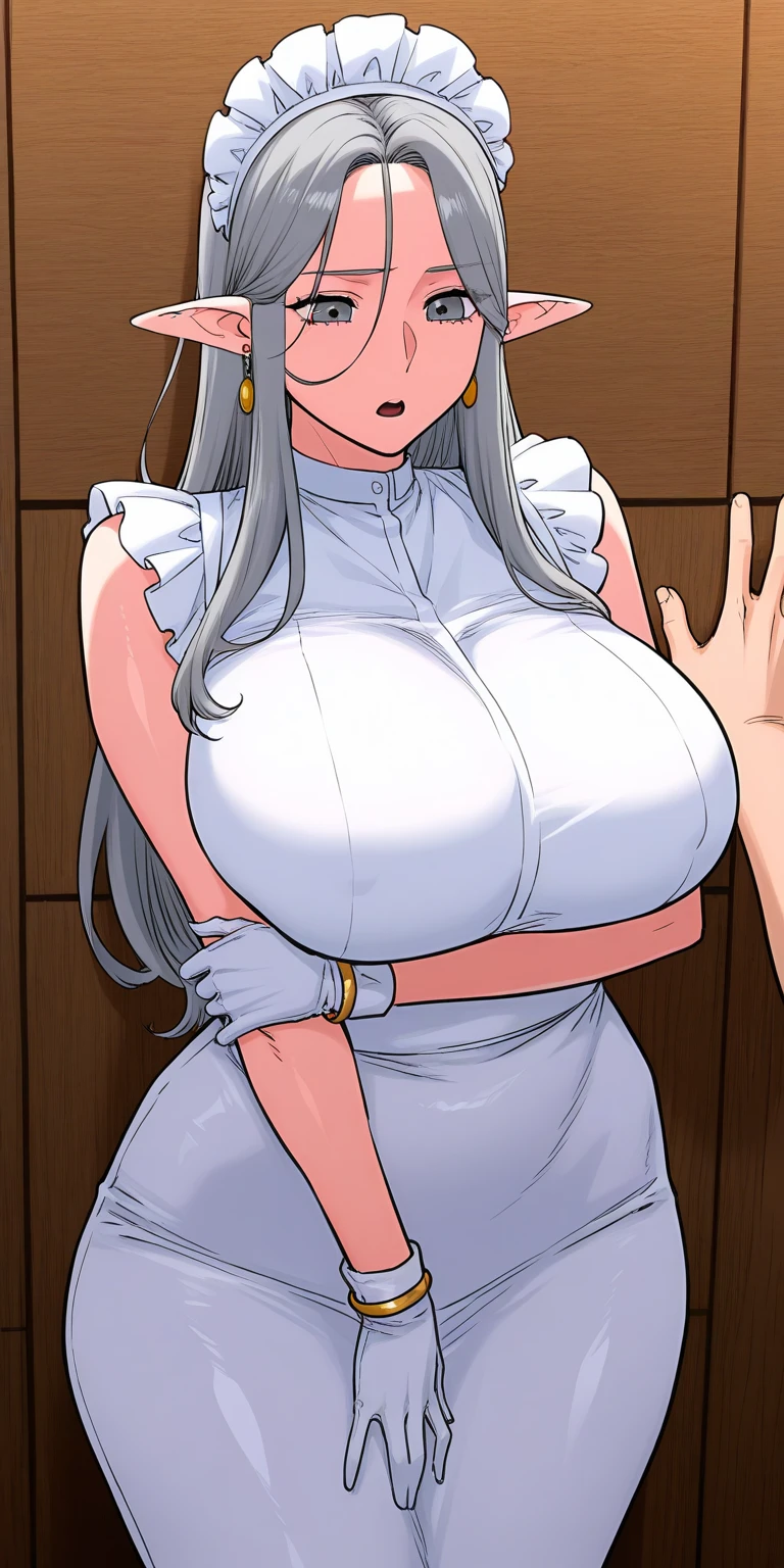 kumashiro maya, hairband, (white dress), bracelet, black thighhighs, makeup, mascara, 1girl, solo, black hair, NSFW, (microdress), (golden), (bodycon), blush, eyeslashes, fishnet stockings, (face focus), (handbag:0.8), (o-ring:1.2), choker, jewelry, necklace, BREAK masterpiece, best quality, glowing skin, mature figure, voluptuous body, shiny skin, mature women, gigantic hanging breasts, from the front,
