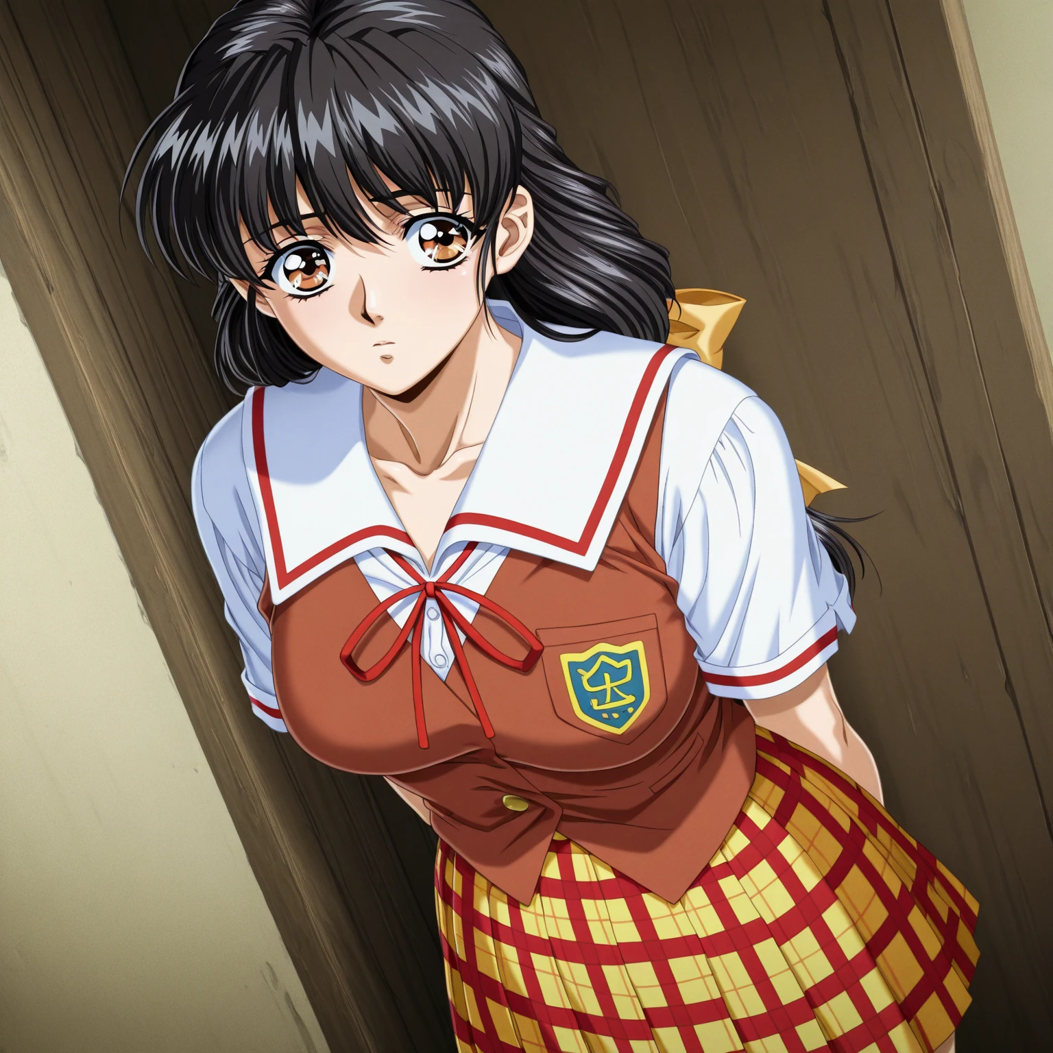 ((mizushima_asa)) (Red t-shirt, Blue Eyes, Big Breasts:1.5, short jeans), sunflower garden, masterpiece, best quality