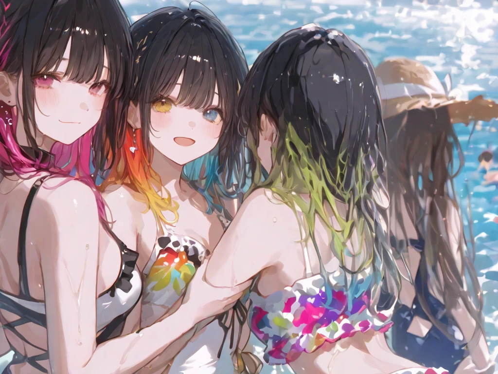 ((Crowd of happy beautiful legs nudist ))、((Naked)) walking in line, group selfie,From above、Nude swimming Waiting to start,Ponytail