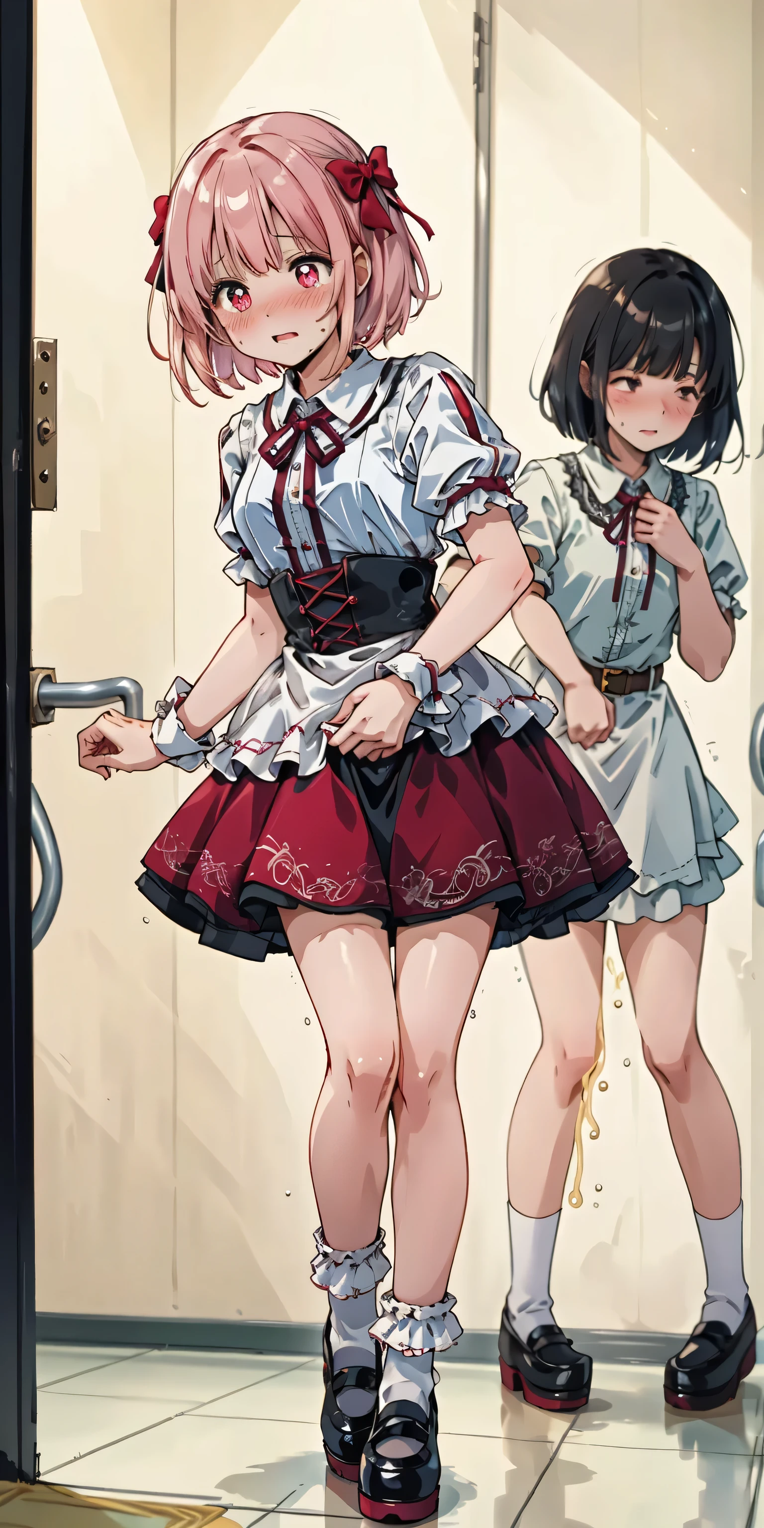 (8K, ultra-detailed, best quality, anatomically perfect body), (full body), (small breast:1.3), shiny skin, (Various girls), bladder full tank, (have to pee:1.1), (urge to pee:1.4), (only one person peeing self:1.1), Pee flowing in the thighs, (very desperate to pee:1.2), (takes to bathroom entrance), (waiting for bathroom with line of girls in queue), (squatting), (Each one has a different maxi Lolita dress:1.4), petticoat, (Each one has a different footwear:1.1), (Each one has a different hair), (knees together and feet apart:1.3), (Rub each other's thighs:1.3), (leaning forward:1.3), (hand between legs), (skirt lift), (holding the crotch:1.5), (stroking own abdomen:0.9), (stroking one's own thighs:1.1), (orgasm:1.25), (blush:1.4), (embarrassment:1.3), (impatience:1.2), (flustered:1.3), (fidgeting around), (flowing sweat), (erotic body twist:1.4), (panting:1.2), (breathless:1.3), closed eye, (parted lips:0.7), (refreshing:1.3), (Dazed), Sexual excitement, (looking away), (crisis:1.4), (low_angle_human:1.2), (from side:0.7), (dramatic angle),