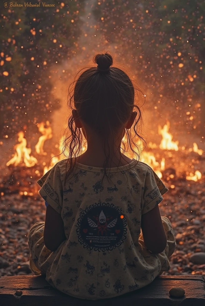 Melhor qualidade, obra-antes, ultra alto nada, fotorrealista, foto crua, Girl child 10 years old, Russian blonde in braids, com roupa de jaqueta de couro vermelha, Estilo retrato, flames are glowing in the dark with a reflection of the fire, chamas de fogo, chamas no fundo, fogo e chamas. --auto --s2