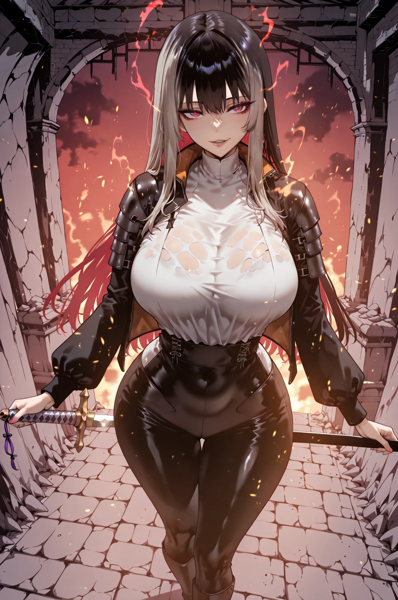 taken from above、caveの中、Hunter、Ruins、Attach a、black suit、Attach a、sword、Japanese sword、、black longsuit、 black long jacket、ゴスロリなshirt、Depressed、Tall Woman、A woman in her thirties、 Alassah's woman、Steins;Gate、 black longsuit 、score_9, score_8_up, score_7_up, Source_anime,masterpiece、No expression、no makeup、top quality,beautifully detailed eyes in a logistics warehouse, Exquisite Eyes、A sophisticated eye、highly detailed eyes and faces,unmotivated expression、lethargic face、 long breasts, Black Jacketを羽織る、Black Jacket、shirt, big saggy breasts, shockingly big breasts, big breasts,big boobs、boobs 、Zitoida, makeup、no makeup、long hair、smooth straight hair、black slacks、tall woman、Tall Woman、plump thighs, parted lips、 shining eyes,(Fire Aura Onkown),dungeon内、Crimson Eyes、long hair、dark haired、黒い髪、Long Straight Hair、dungeon、cave、Ruins、solo、swordを持っている、soloプレイヤー、red aura、 Crimson Aura 、zone、sword、大sword、Japanese sword、Sword、ゴツいsword、厳ついsword、Buster Sword、大Sword、Wide ass、beautiful butt、and stick your butt into the focus of your butt、long boots、Shoulder Armor、Fearless Laugh、strong、Is confident、suit pants、黒いlong pants、Black Skinny、long pants、Dynamic、Satu、fight、Satu狂、俺だけレベルupな件、arrogant、 Confidence々The smile 、bewitching smile、Satu中、hunting、hunting