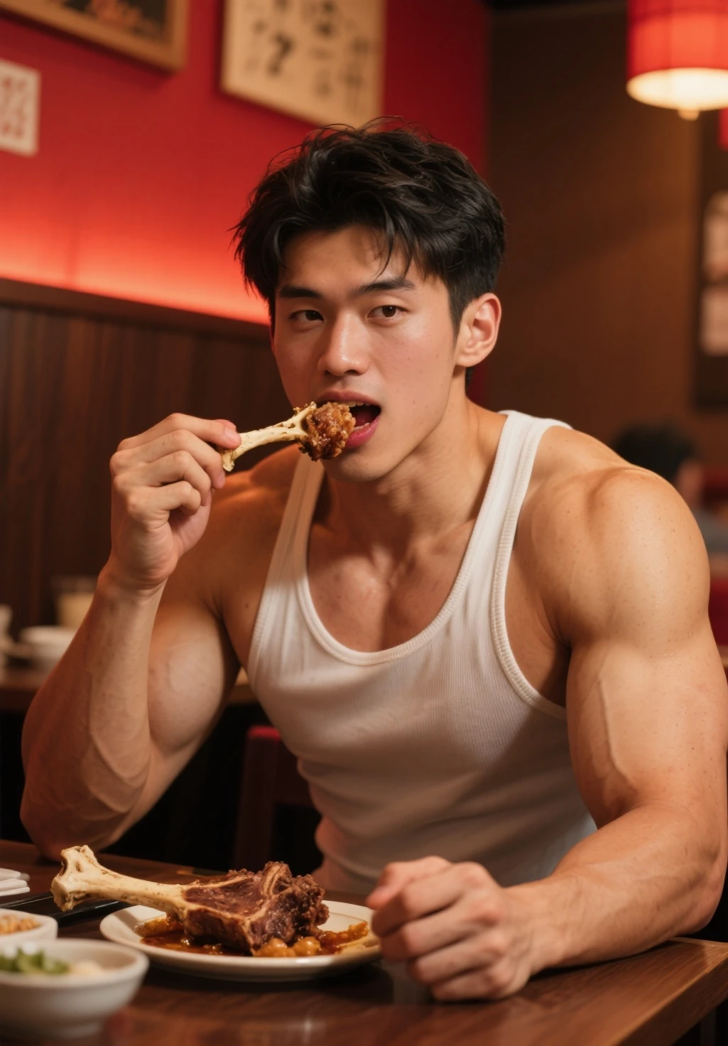 There is a man sitting at the table with food and drink, Menino gordo americano 2 1 anos de idade, handsome japanese demon boy, ele tem cerca de 30 anos, ele tem cerca de 3 0 anos de idade, ele tem 3 5 anos, ele tem cerca de 2 5 anos de idade, Sul Coreano Masculino, musculoso!!, com abdominais, not shirt, Yuya Nagai