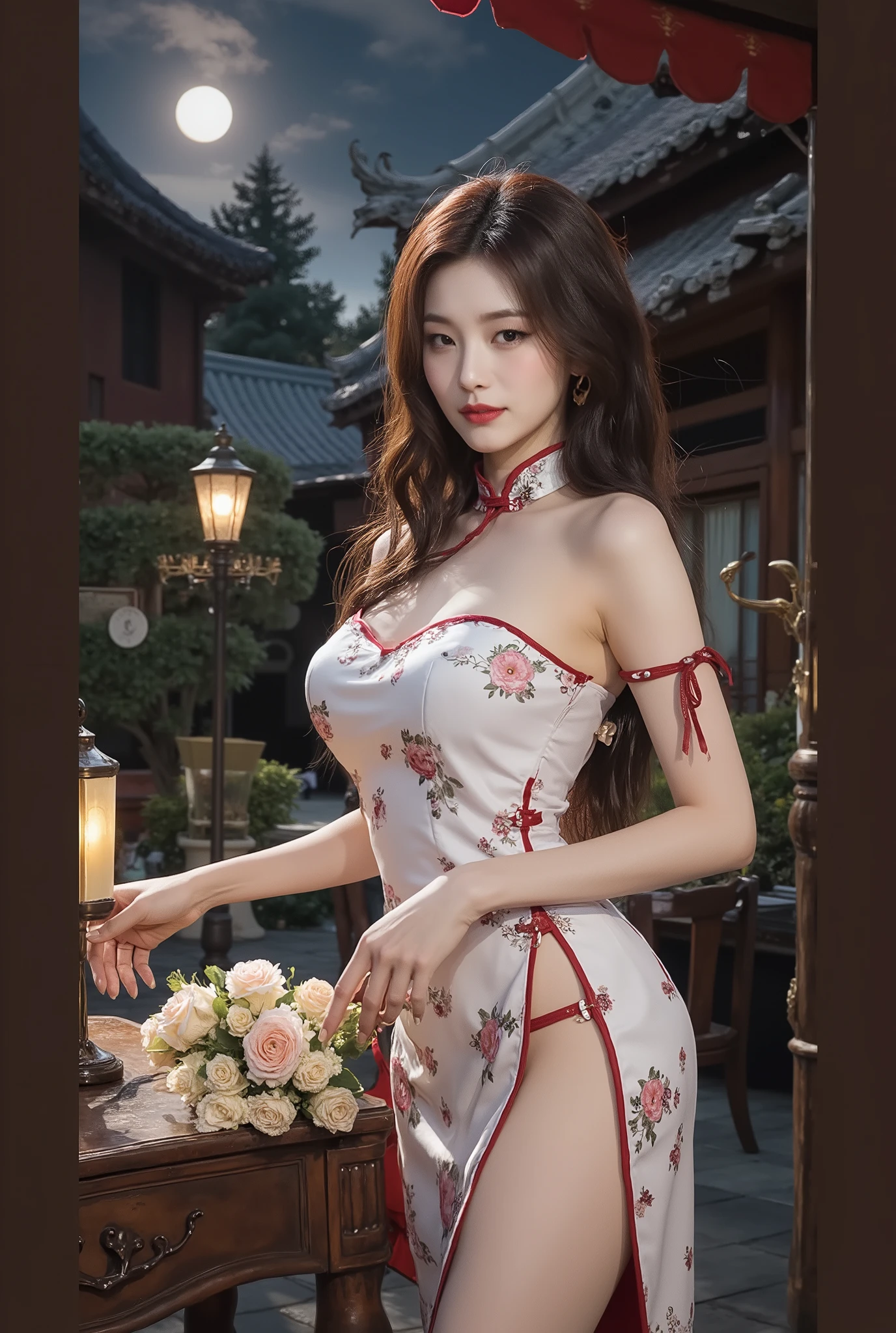 Cream white high slit cheongsam,The chest is embroidered with peach blossoms,There is a smile at the corner of his mouth,Tall and tall,The right hand crosses the waist,There are burnt marks on the fingers of the left hand,Affectionate look,Bed in the background,Clothes are tight,Bare-armed,Beautiful face