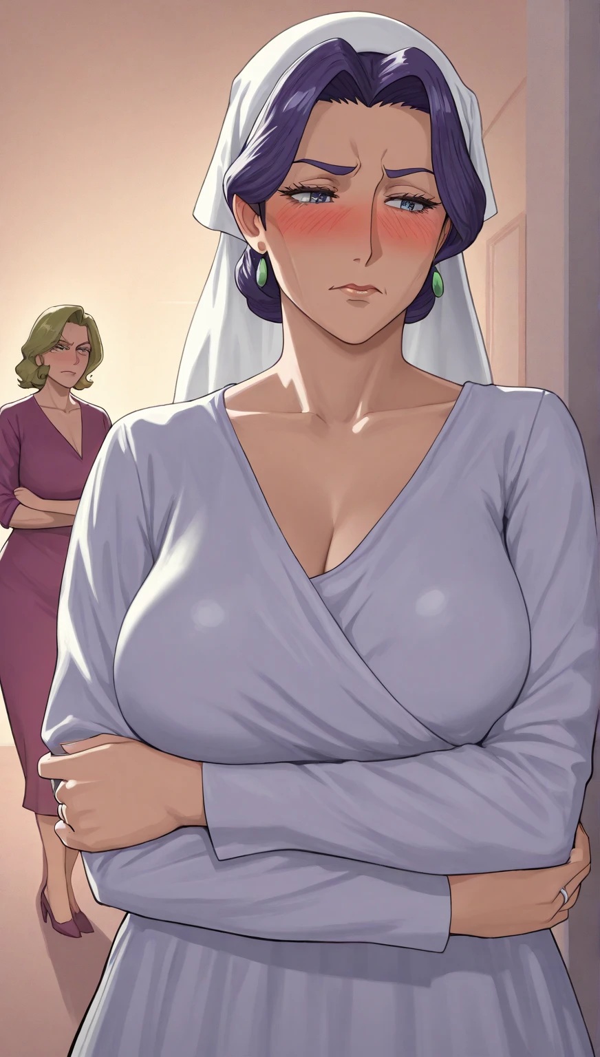average body male hugs from behind thick body large breast females wearing extremely transparent long floral dress in different rooms of the house, sunset, (show bare breast and nipples peeking out of dress), nsfw,