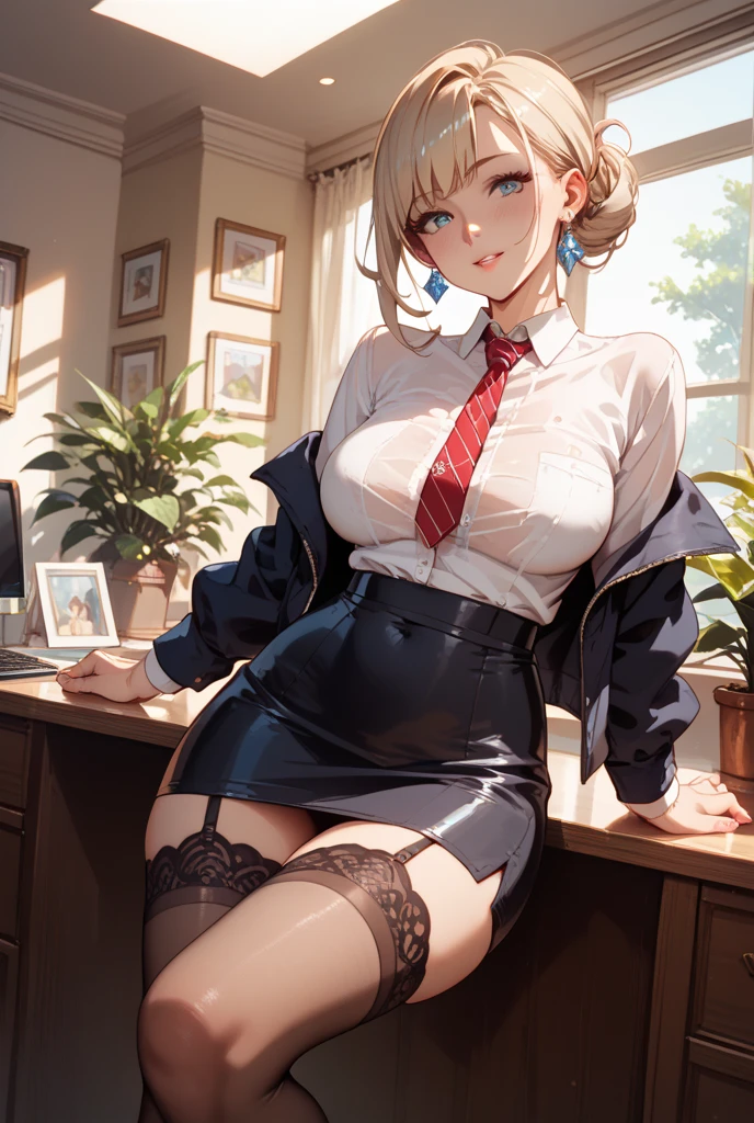 (Enrich the picture,Masterpiece level quality)Beautiful 8K CG artwork,1girl,solo,morgan le fay (fate),detailed face, perfect face, perfect eyes,blue eyes,smile, Long Hair, pony tail,Very long hair, big boob, black bow,Hair Bow, thights,side locks, French braid, grey hair,Goddess-like posture,Kneeling exercise,Slim and soft,Translucent skin,big breasts,