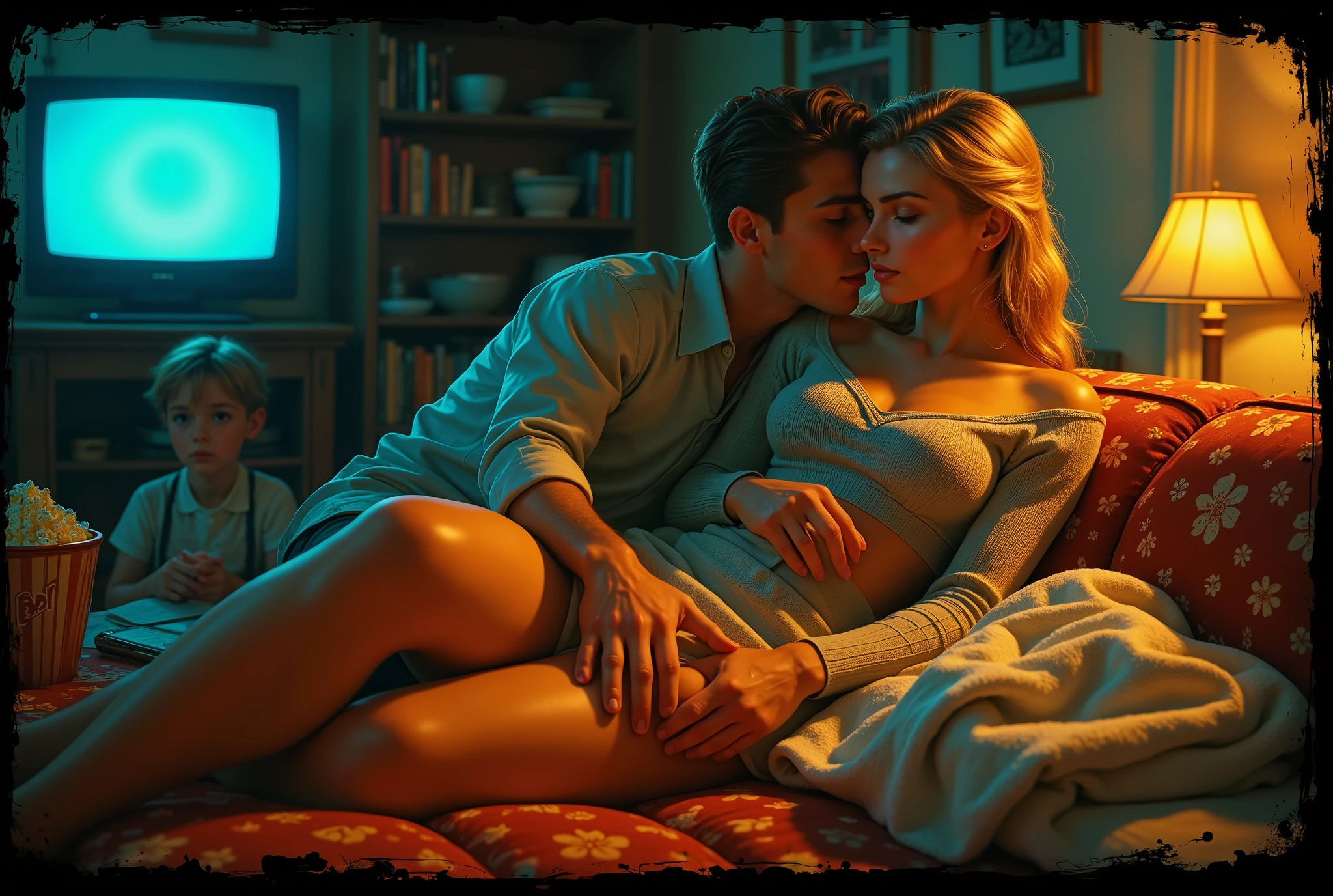 A very cute 18-year-old 1950s girl snuggling up against a 19-year-old man on the sofa on homework night, she has blonde hair and is wearing a tight sweater and a short skirt, they are in front of the TV set and the girl's little sister is watching them make out, a bowl of popcorn, and she tries to clean up a gob of melted butter on the front of his jeans, he has a towel over his lap, her hand is under it, cinematic composition, detailed, intricate, medium contrast, murky blue and green back lighting, soft yellow glow on the walls, volumetric lighting, lurid and vivid colors, "anatomically correct human" "realistic proportions" "natural human pose" "full figure, accurate anatomy" "correct fingers and joints", moody lighting, chiaroscuro, saturated dark blue orange tones and dark muddy greens, sparse embossed grunge tinges on the edges of objects, film grain, dramatic shadows, unnatural angles, dark frame around image, vignette effect, Suspended reality and dreamlike quality, symbolic social imagery, Intricate lighting and shadow play, stylized color palettes, dynamic framing and composition, realistic illustration style, fumetto, horror comics, horror movies, pulp, Frazetta, Steranko, James Bama, Norman Saunders, Norman Rockwell, Quentin Tarantino Western exploitation film vibe, "focus on simple and correct fingers and hands"