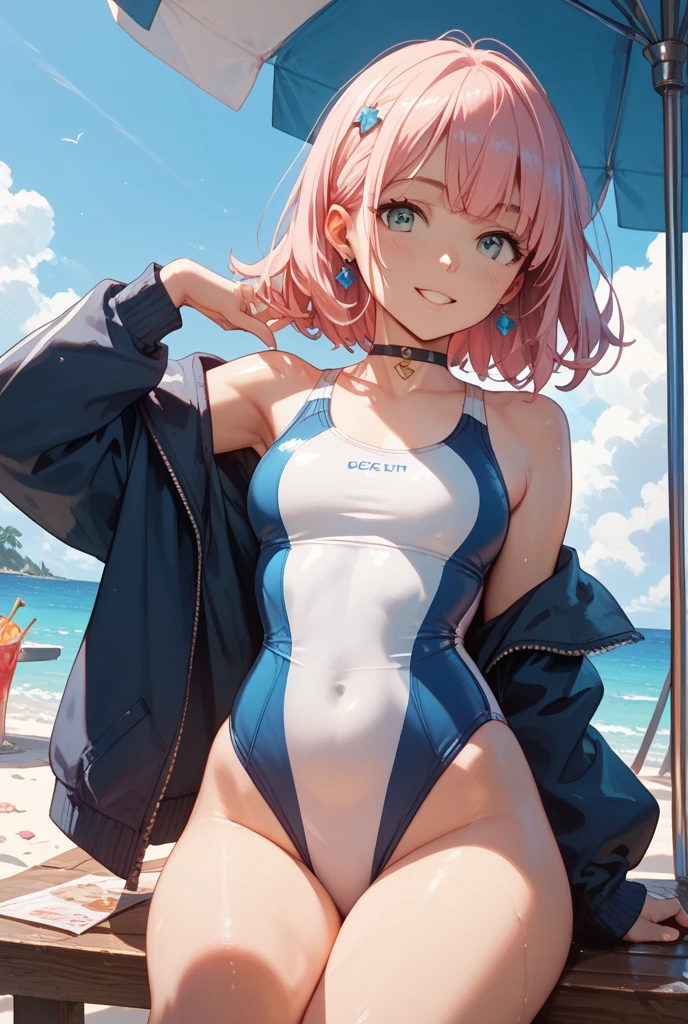 The ultra -The high-definition、high-level image quality、top-quality、Full feet and hands、complete fingers、Beautuful Women、1 persons、Pink berry shorthair、ssmile、Pink Sailor School Swimsuit、Summer Beach