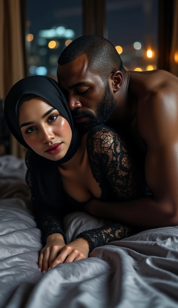 Hijab, big boob, licking ,white dress on bed with black men, close up,