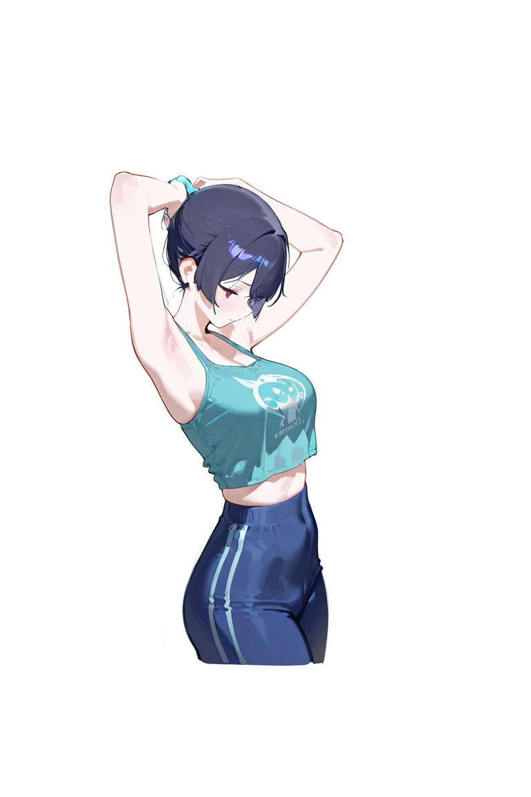 1girl, highres, sharp focus, pixiv masterpiece, ((intricate details)), highly detailed, short black hair, fair skin, red and blue eyes, heterochromia, short hair, costume: sportswear, leggings, sports bra, joy ride style, ilya kuvshinov,