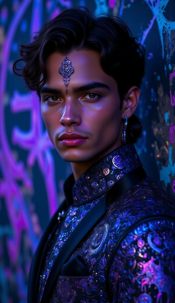 Male Black hair with purple tips short messy, royal clothes, dark skin with a scar from the cheek to near the right eye, golden eyes. wears a necklace that looks very much like a green dragon's eye