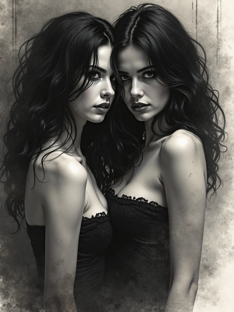 eroticism, sexy, black and white image, between shadows, oil painting, chiaroscuro, sensual, dramatic lighting, moody atmosphere, photorealistic, intricate details, masterpiece, ultra-detailed, high quality, 8k, best quality, realistic, cinematic, dark and brooding, expressionistic, powerful composition, emotional impact, Bill Sienkiewicz inspired art