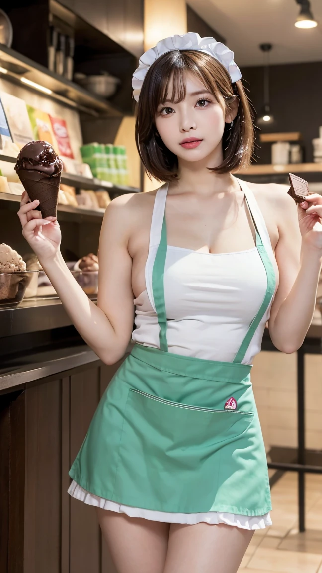 ((masterpiece))、((Highest quality))、photograph、reality、High resolution、Advanced Depth of Field、become close、Realistic lighting、Delicate facial features、Realistic Background、(The whole body is shown:1.2)、(Looking at me with a smile:1.3)、(Big Breasts:1.2)、(Erect nipples:1.2)、(Slender:1.2)、(Hamburger Shop Uniform:1.5)、(Sleeveless shirt with ruffled collar:1.2)、(Short tight skirt:1.2)、(apron:1.2)、(The background is an empty cafe:1.2)、(Early teens:1.5)、(Young face:1.5)、(Short)、(Braid)、Glasses、(Lift up your skirt and show off your panties:1.2)