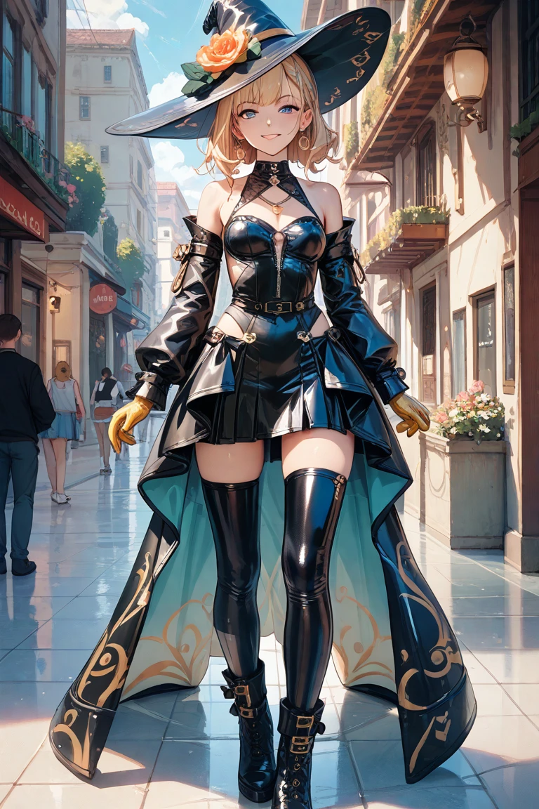 (simplistic),full body view,intricate details,(best quality),(masterpiece:1.2),(detailed:1.2),(sharp focus), blonde short hair, girl,  anime girl, short, very short, mature, old, snake fangs, snake eyes, green eyes, italian, italia, dumb face, dumbass, ((alone)), city background