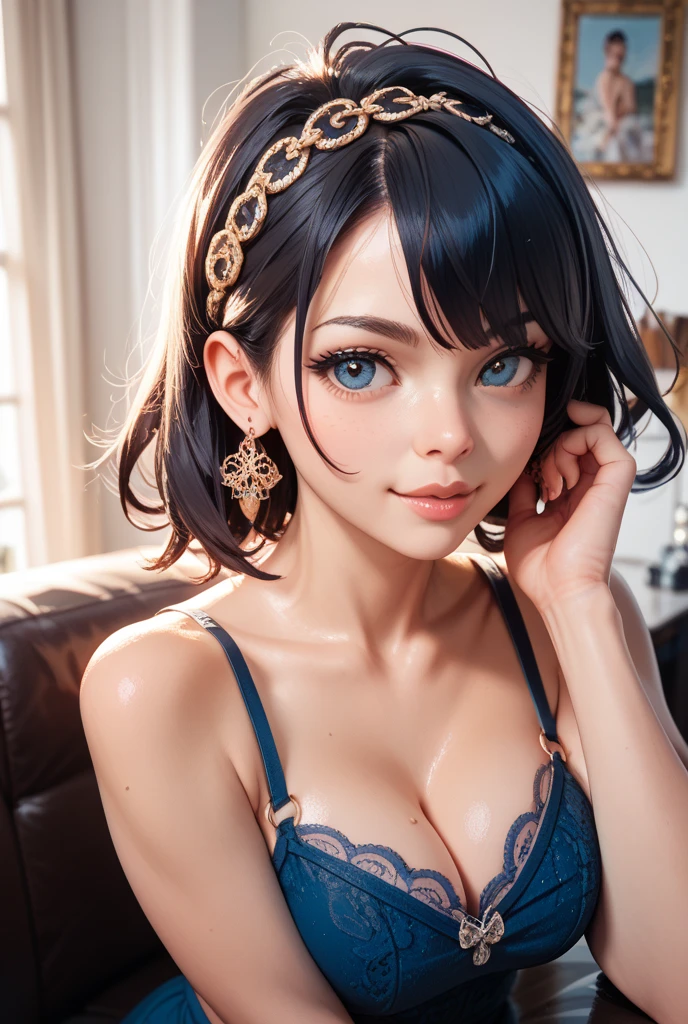 a view from underneath, thick hair, crystal blue eyes, open mouth, aroused 25 years old, playfully aroused, dripping with desire, cleavage, low cut tanktop , skirt, stretching, coy smile with open parted lips, (blushing:1.3), looking invitingly at the viewer, seductive eyes, facing the viewer, livingroom background, posing by the sofa, (pov), glowing eyes, necklace, earrings, nsfw,