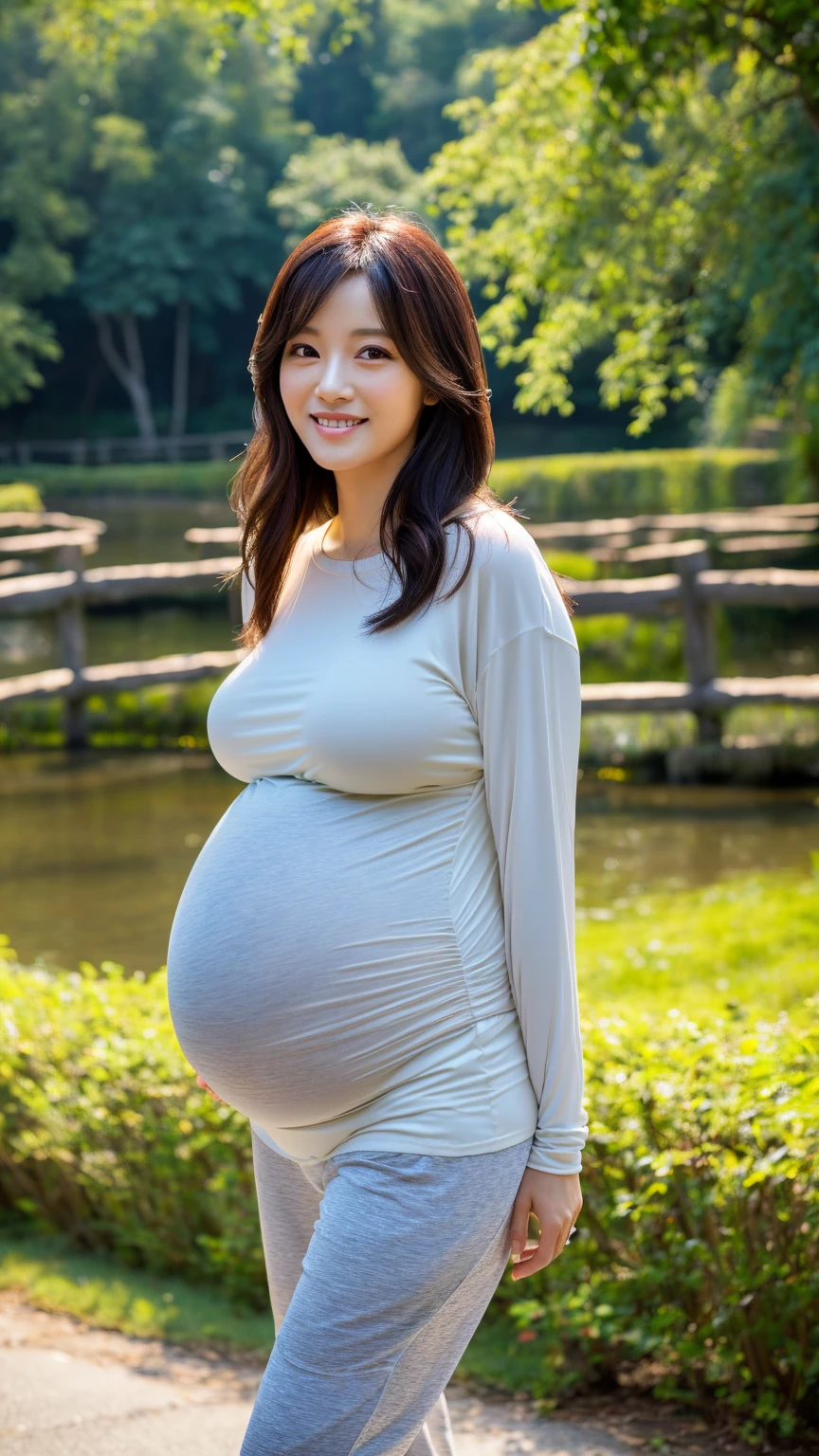 masutepiece, Best Quality, Illustration, Ultra-detailed, finely detail, hight resolution, 8K Wallpaper, Perfect dynamic composition, Beautiful detailed eyes, Women's Fashion Summer,Medium Hair, ((pregnant)),huge breasts natural color lip, Bold sexy poses,Smile,Harajuku、20 years girl、Cute、Sexy shot looking at camera