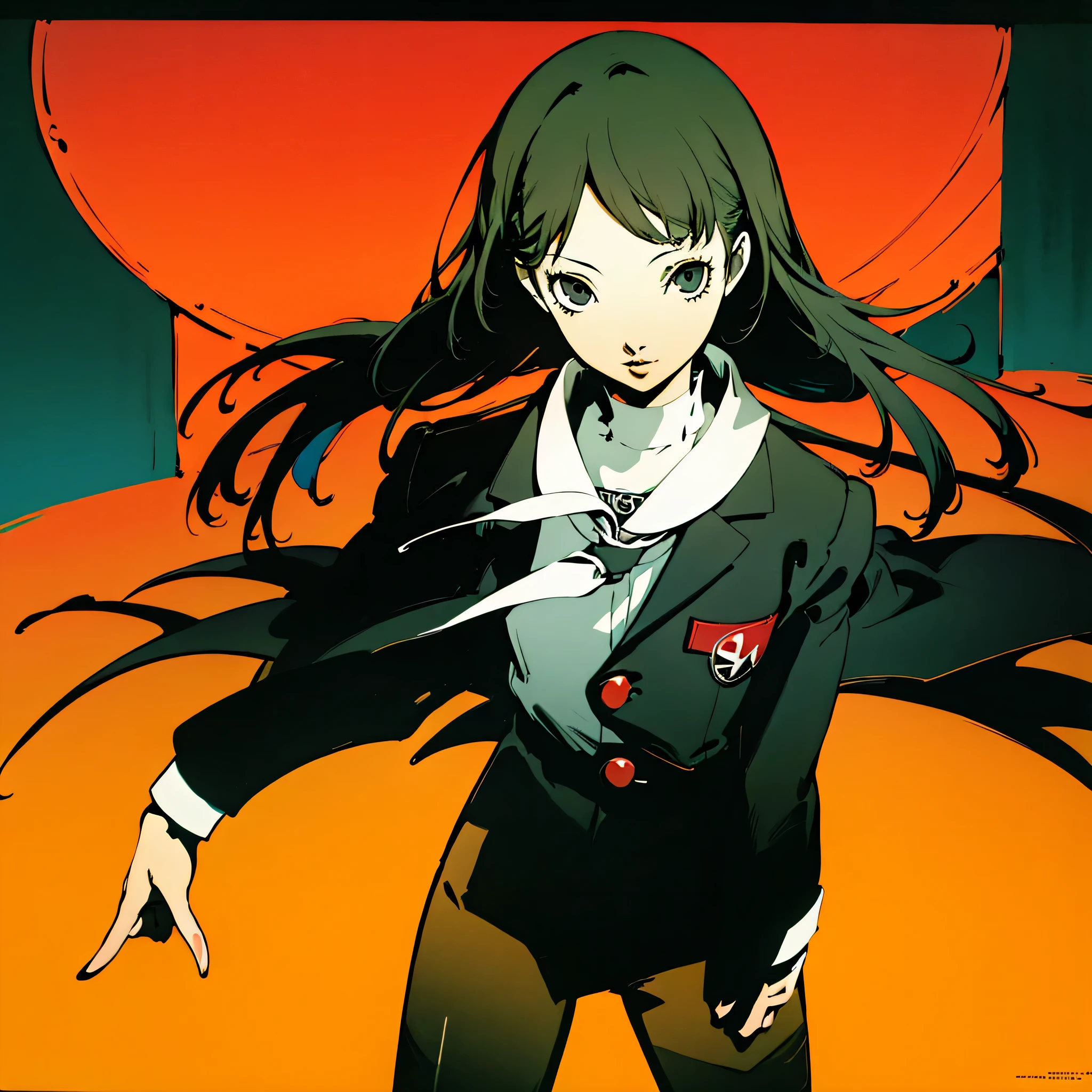 masterpiece, top quality, high res, portrait of dskasumi, long hair, school uniform, Shugakuin uniform, blazer after face, skirt, 1girl, solo, standing night, street, detailed background, cowboy shot, Shigenori Soejima, (Persona 5:0.5)
