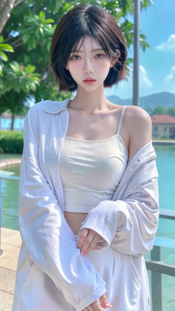 Beautiful woman with perfect figure:1.4，Swimming background，Desert Background，Ultra-high resolution，Seductive laughter，wear glasses，White legs，（lifelike：1.4），Layered Hairstyle，White skin，Black mini pleated skirt，whole body，Very delicate face and skin texture，Double eyelids，Skin Whitening，Long hair，White hair，White，