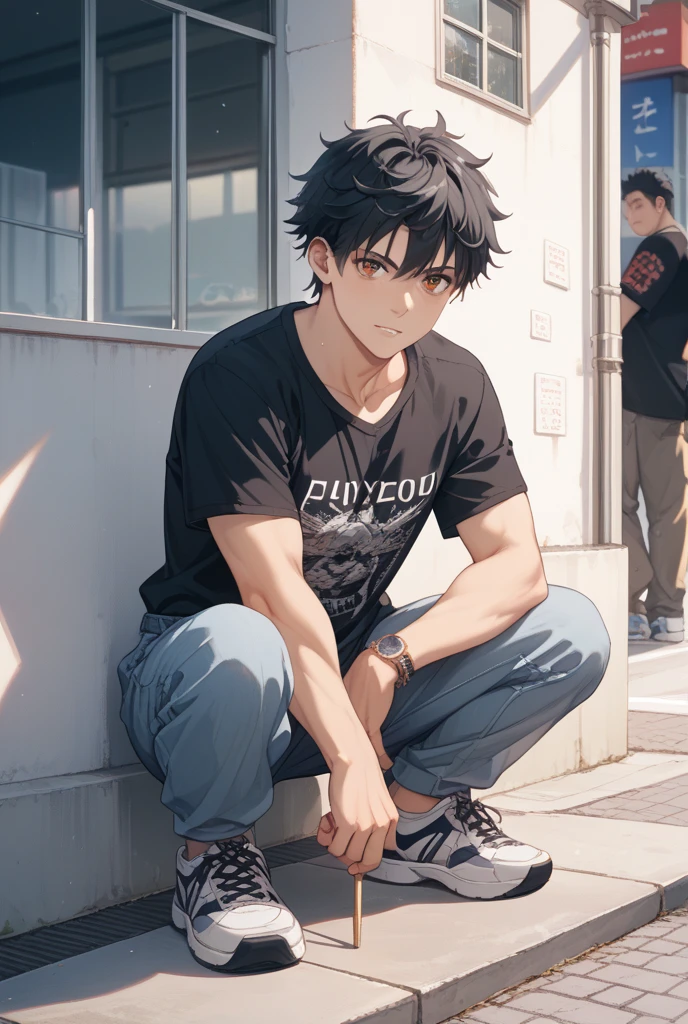 Detailed CG,Ultra-fine illustrations,masterpiece,Highest quality,Shiny skin,BREAK(26 year old male:1.5)BREAK,(Black Short Hair),(blue eyes),(Black)and(Black T-shirt),(angry:1.3),(open mouth),crossed arms,The background is a midnight park,Street lamp,alone