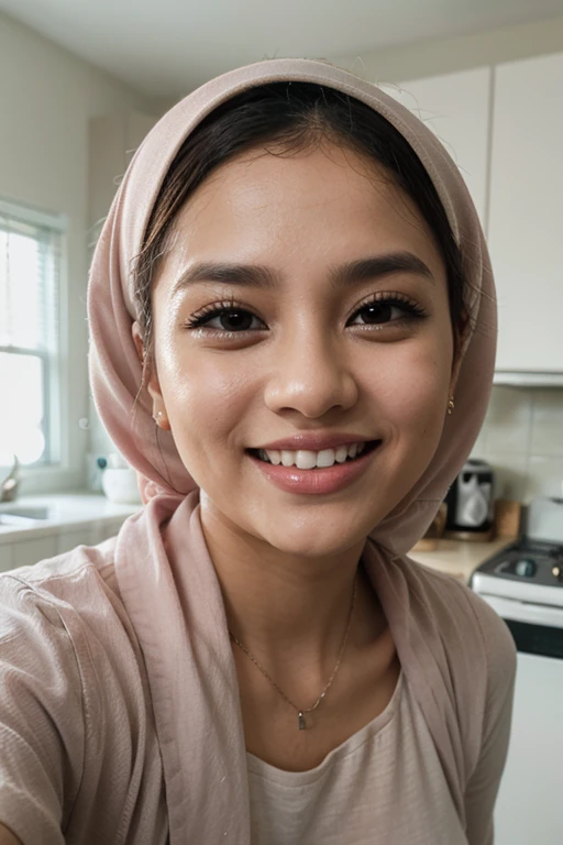 Malay girl in hijab, wear small floral red color shirt and High Waist white gym Pants , laughing and posing with both hand on top of her head, touching her own head, wear backpack, front view, hijab blown, windy, detail skin, age spot, detail skin texture, mole below eyes, small breast, flat chest, wide hips, small waists, thick thighs, slim abs, beautiful body, nighttime, laughing, happy, bright lighting, college student in background, crowded cafe, blur background, bokeh,